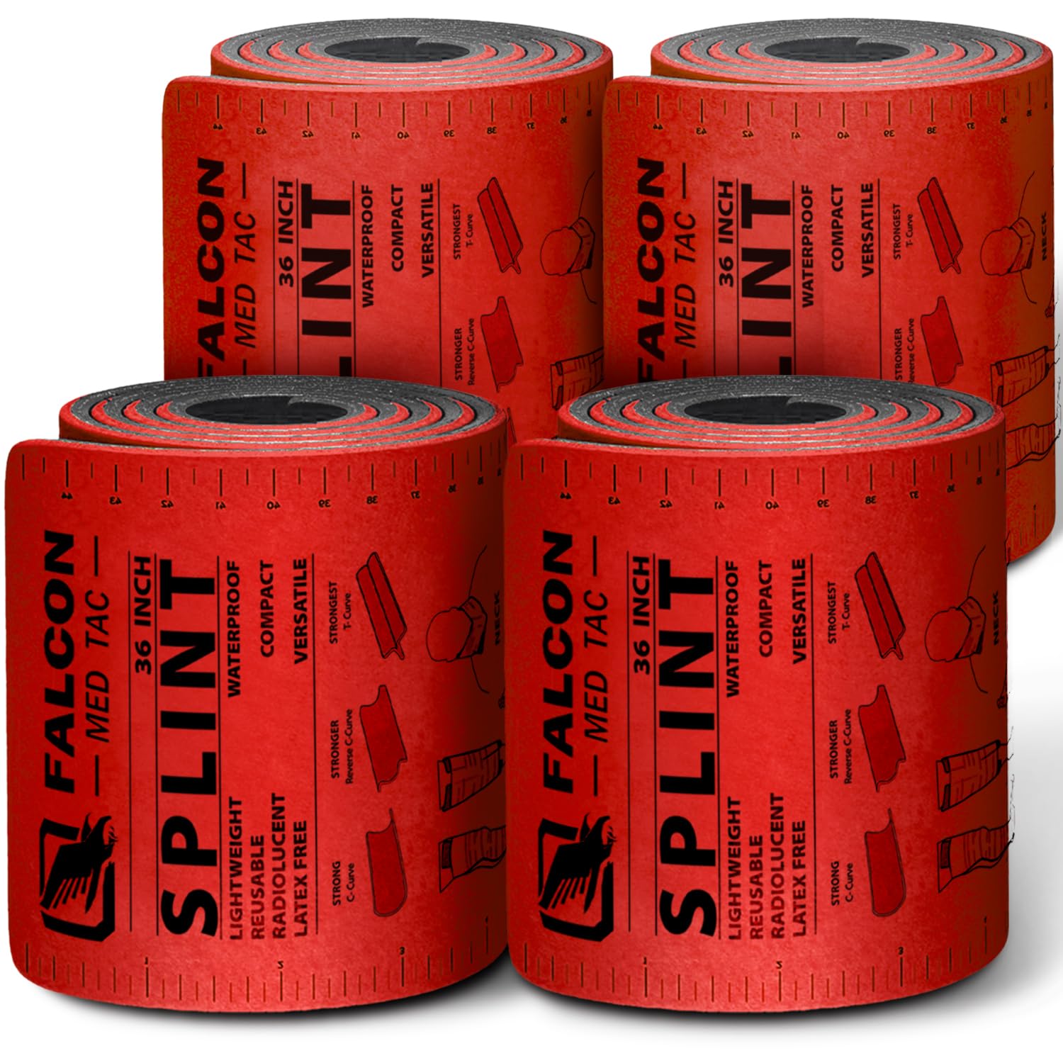 FalconTac 36 Inch First Aid Splint Roll Pack - Waterproof Reusable Lightweight Combat Field Splint For Bone Fracture (4 Pack)