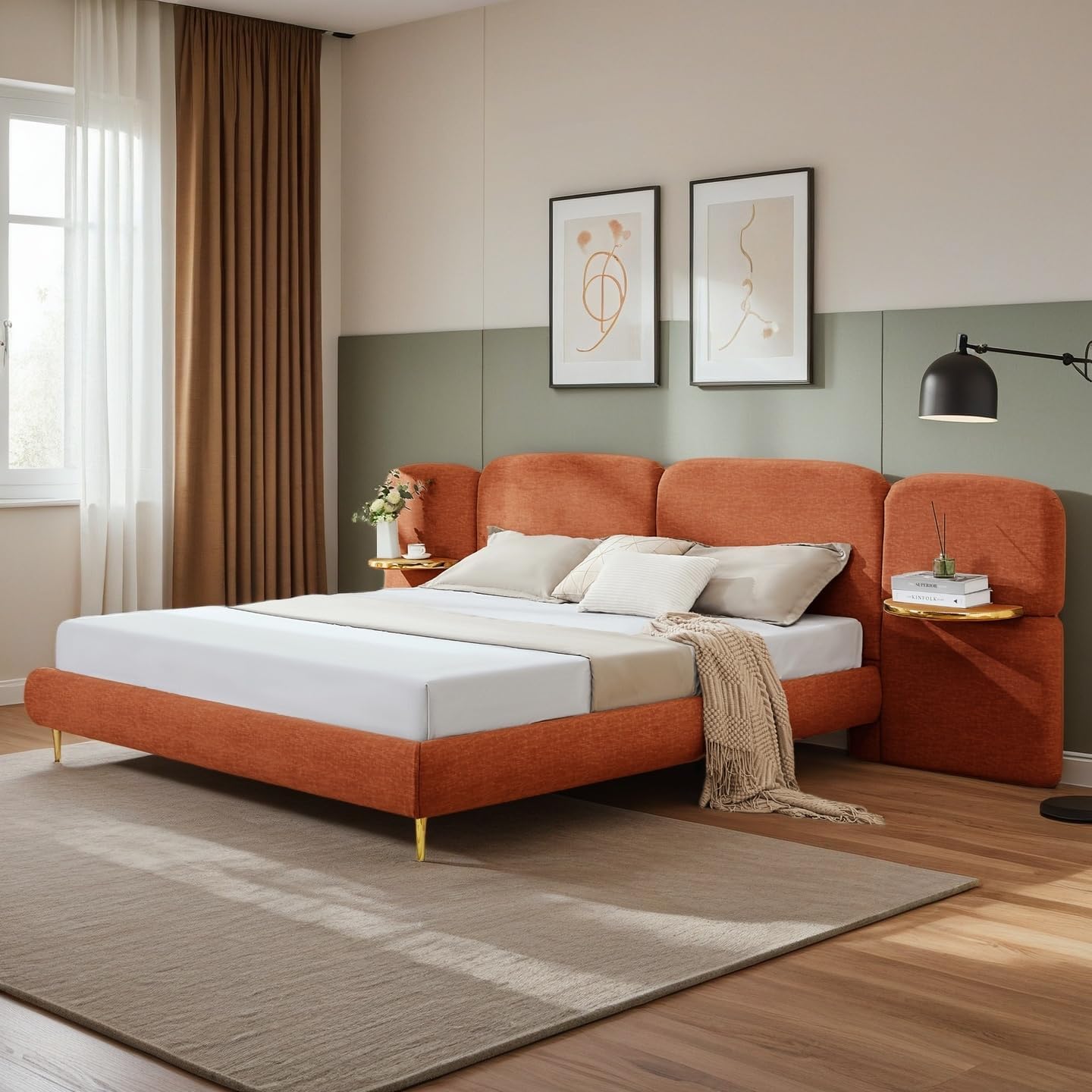 Christopher Knight Home Joplin Modern King Size Platform Bed Frame with Fabric Upholstered Headboard, Wooden King Size Bed Frame with Side Shelves, No Box Spring Needed, Easy Assembly, Orange