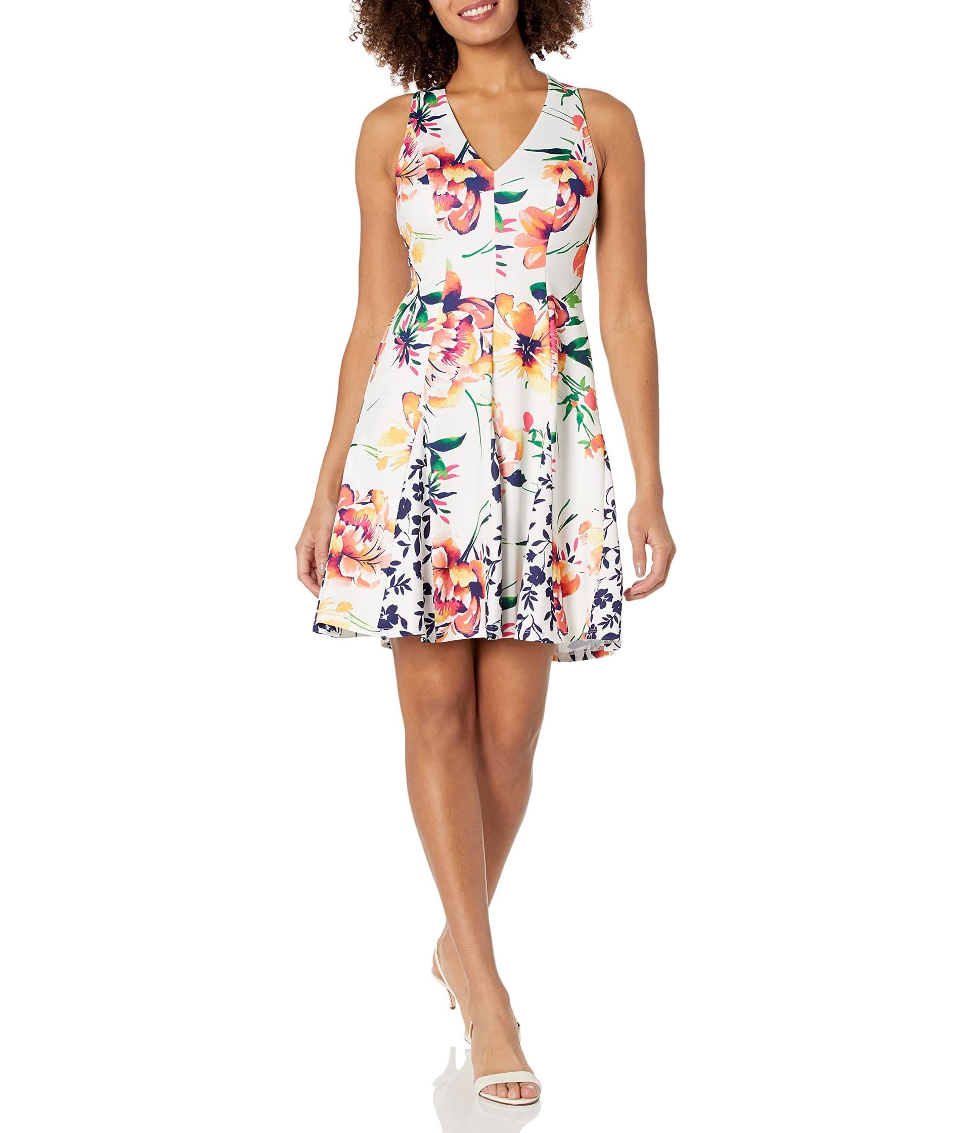 Vince Camuto Women's Printed Scuba Fit and Flare Dress with Combo Godets