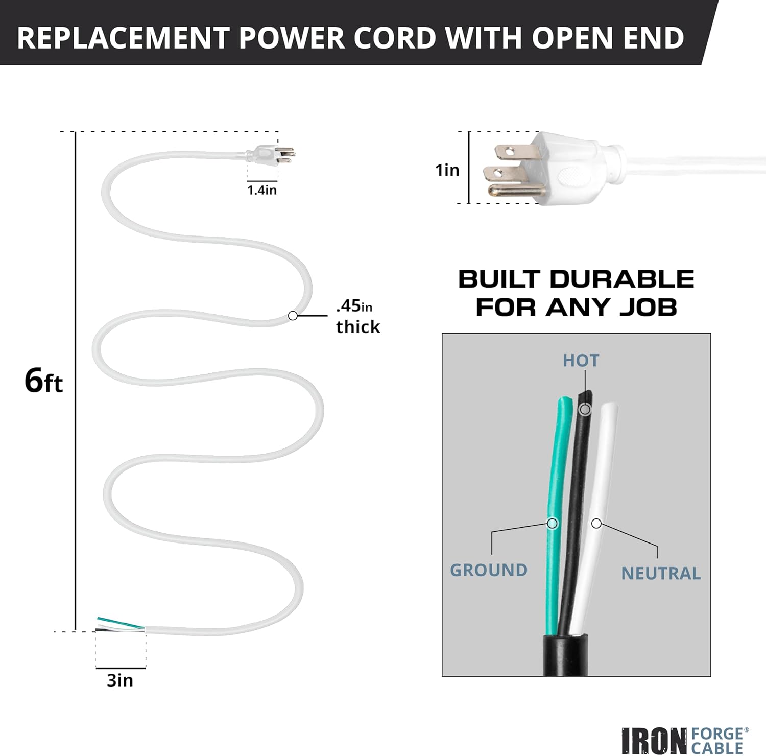 Iron Forge Cable 12 Gauge Power Cord Replacement - 6ft,15 Amp White Heavy Duty, 12/3 SJT 3 Prong Cable - for Appliances & Power Tools, NEMA 5-15P