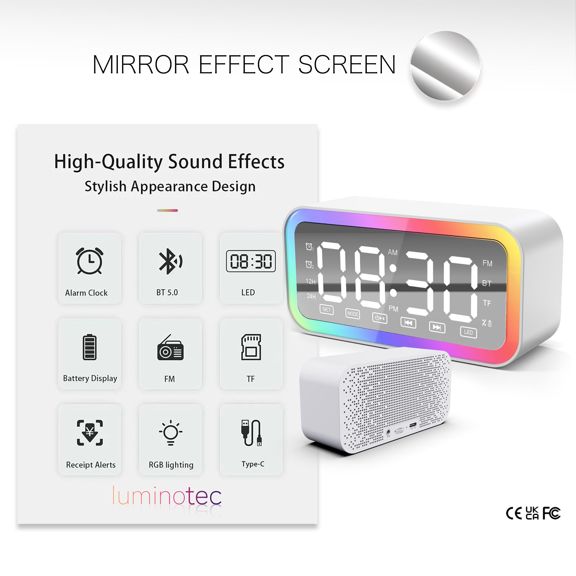 Despertador Digital Luz Amanecer, Altavoz Bluetooth Potente, LED, Radio FM, Doble Alarma, para Niños, Adolescentes y Adultos (Blanco)