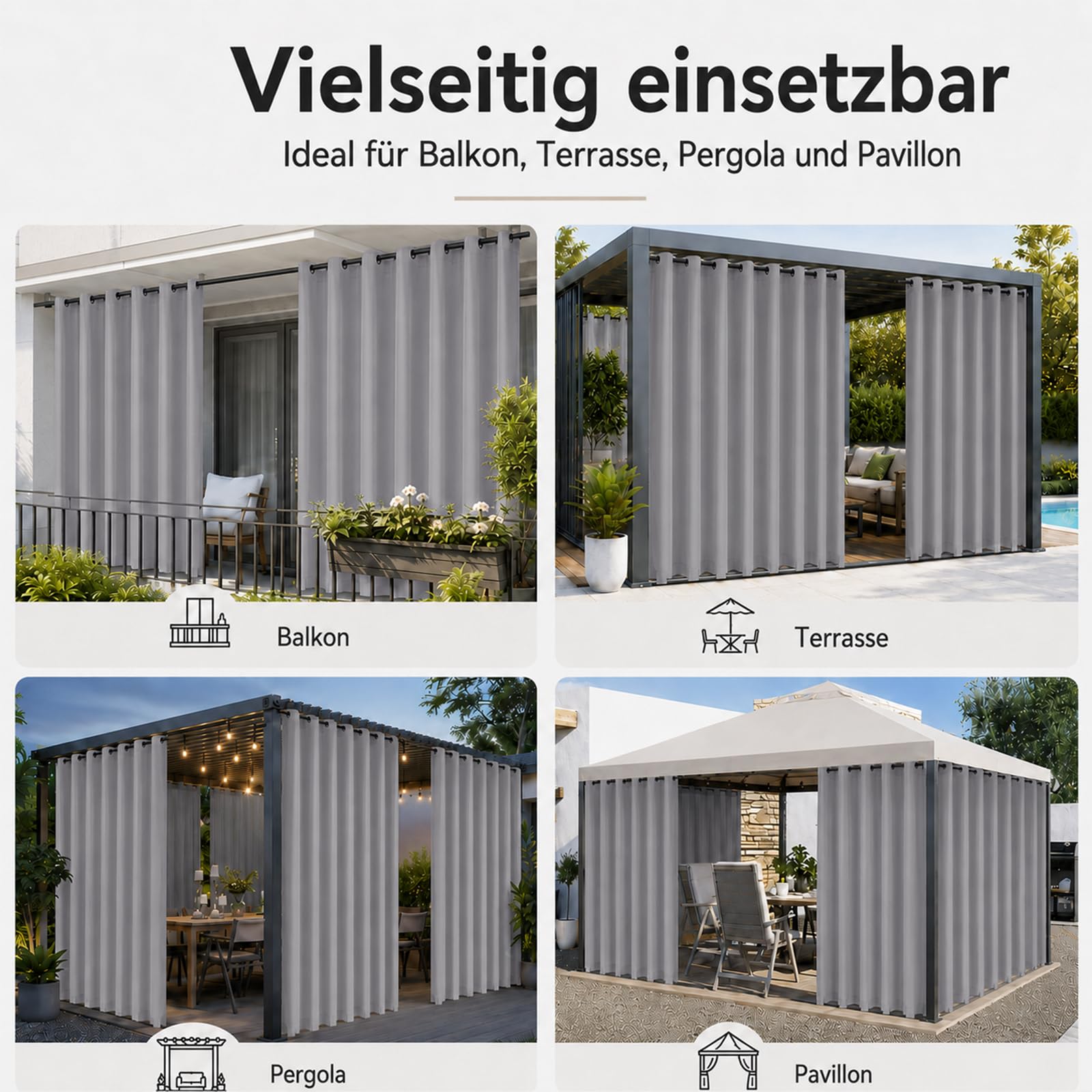 Pesonlook Outdoor Vorhang Wetterfest 2er Set, Wasserabweisende Outdoorvorhänge mit Ösen und unteren Schlaufen, Blickdicht Sonnenschutz Sichtschutz für Balkon Terrasse Pergola, 254 x 213 cm, Grau