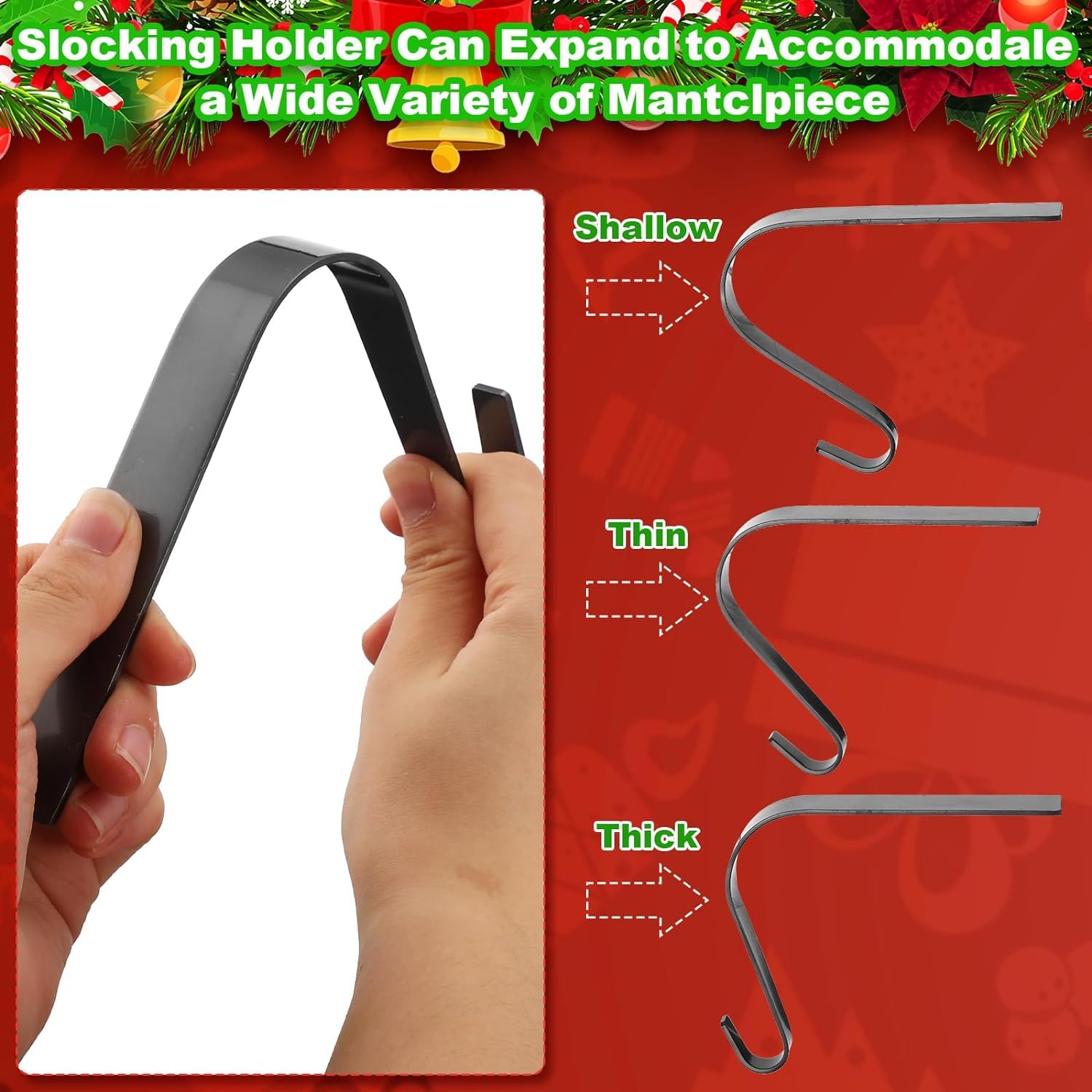 Guojanfon 6Pcs Christmas Stocking Hangers for Mantle Xmas Fireplace Holders Hooks Non Slip Metal Stockings Hangers Holiday Mantel Garland Clips for Home Fireplace Ornament (6 BlackWQ Holder)