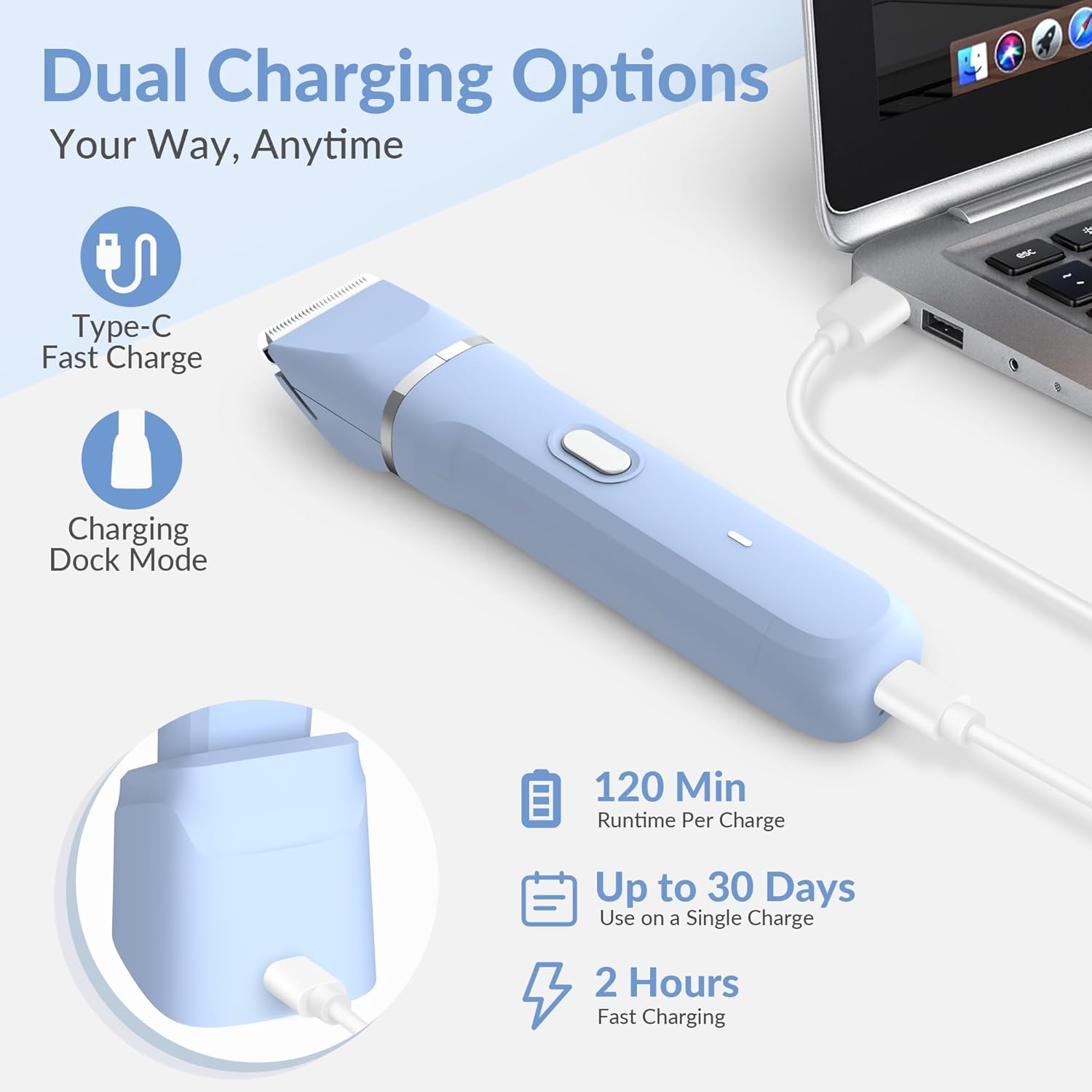 KINGTEE 5-in-1 Electric Bikini Trimmer for Women – IPX7 Waterproof Shaver, Cordless Body & Facial Razors for Women, Ceramic Blades, USB-C Rechargeable, Painless Hair Removal Kit (Blue) - Image 3