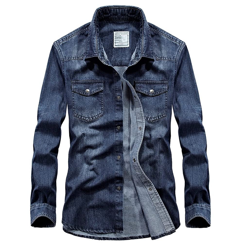 ABUCIYO Casual Denim Shirts Men Long Sleeve Shirt Button Down Cotton Washed Jeans Jacket Work Dress Shirt (blue,4XL)