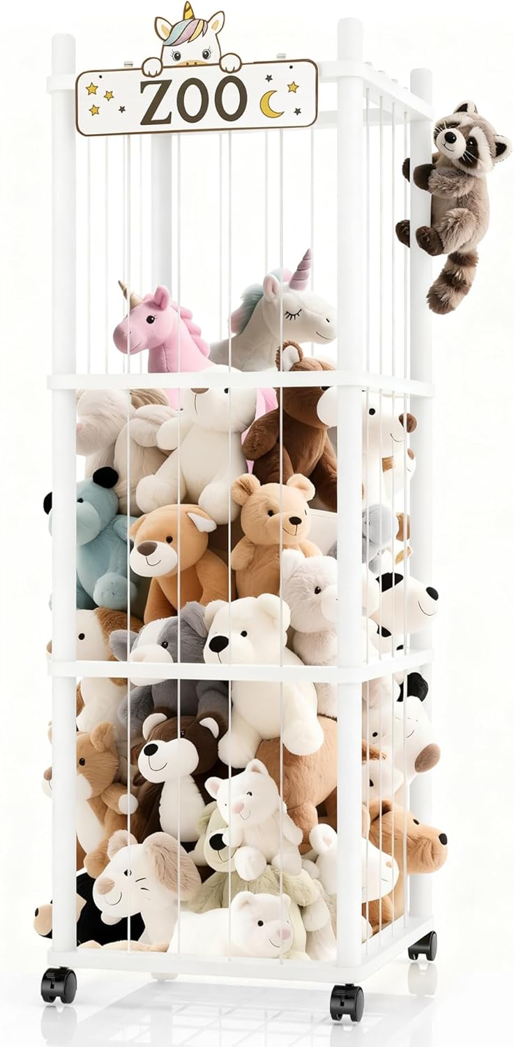 Stuffed Animal Storage Zoo Tower,56In Wooden Large Stuffed Animal Holder Organizer with Wheels,Stuffy Plushies Storage with Elastic Band&Mesh Bottom,Toy Storage Organizers for Playroom Nursery（White）
