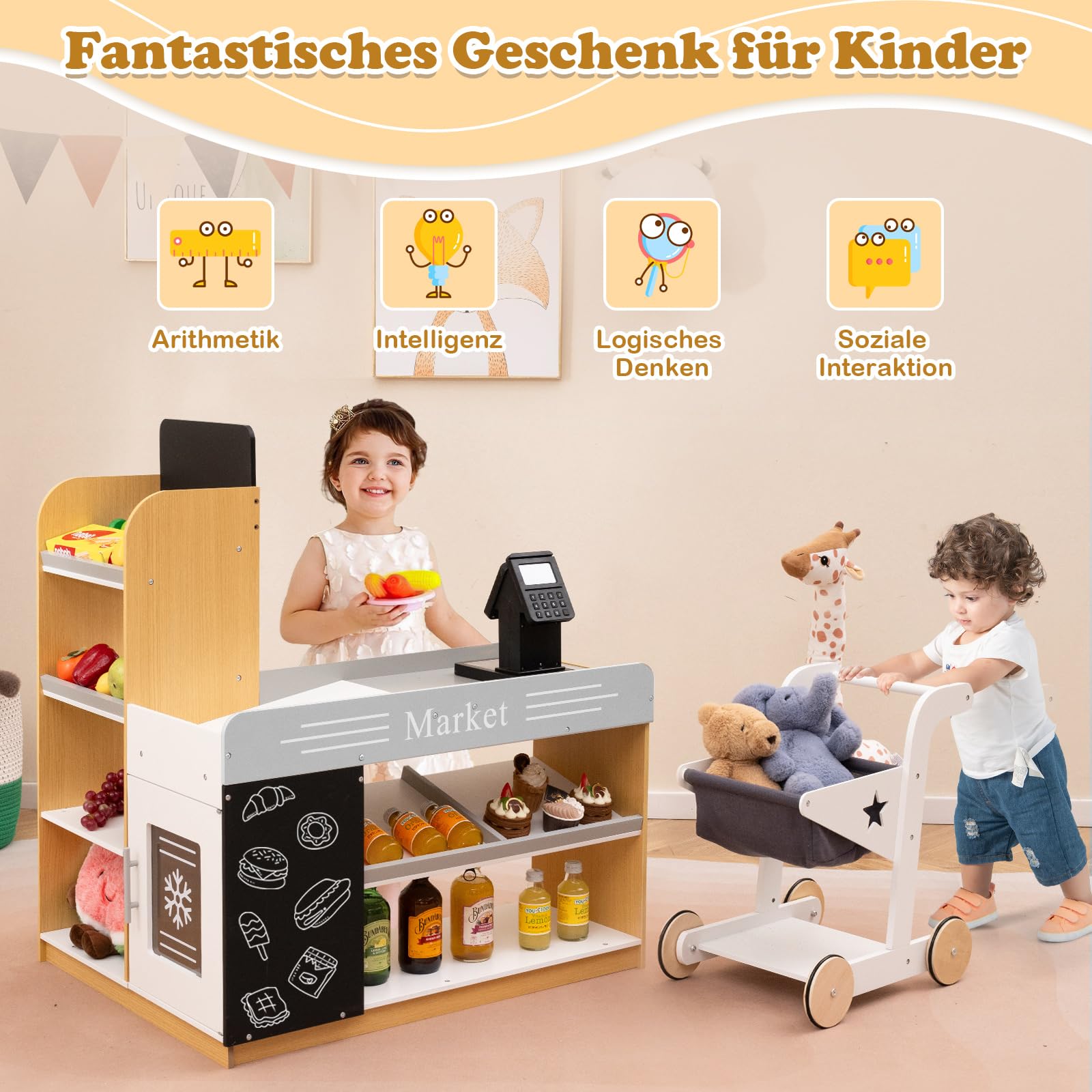 COSTWAY Kaufmannsladen, Kaufladen Kinder mit Einkaufswagen, Supermarkt Holz mit Kasse & 2 Tafeln, Einkaufsladen für Kinder ab 3 Jahren
