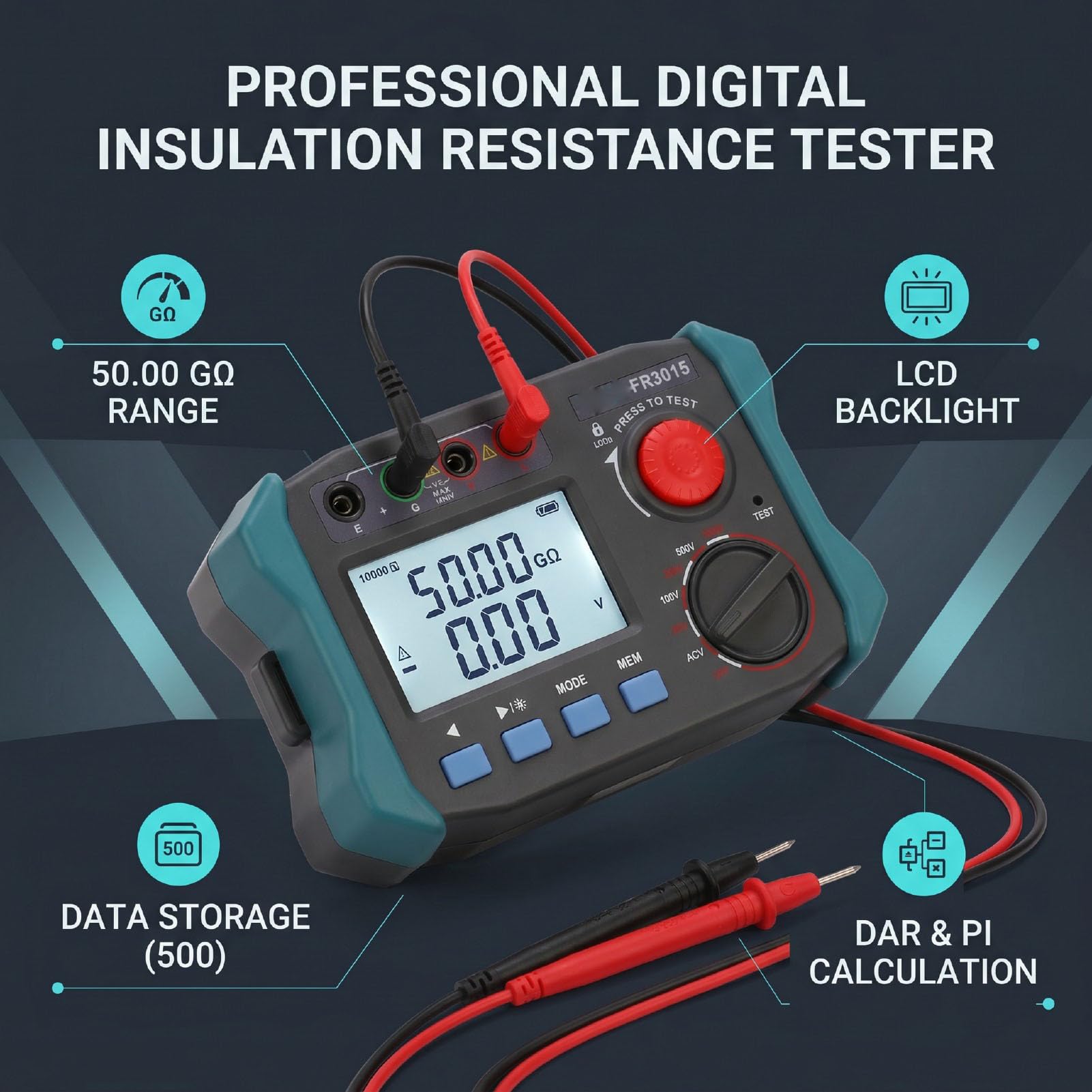 Eujgoov Isolationsmessgerät Digitaler Isolationswiderstandstester 1000V 50,00GΩ mit LCD Hintergrundbeleuchtung Datenspeicherung und USB for Motoren