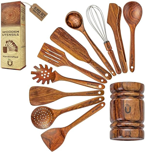 Set de 11 utensilios de madera de teca con soporte, utensilios de cocina naturales no tóxicos, espátula resistente al calor, volteador para wok, servidor de espagueti, cucharón para sopa, batidor y pinzas