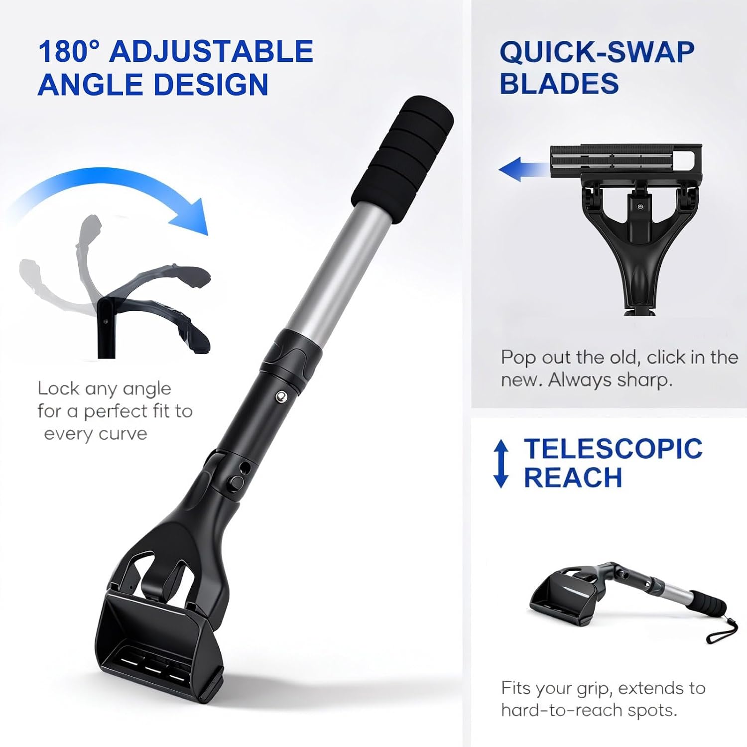 Retractable Back Shaver for Men:​ 180° Foldable Head Hair Shaver,Double Sharp Blades & Ergonomic Handle, Wet or Dry Back & Body Hair Removal,Silver(3PCS Blades Included)