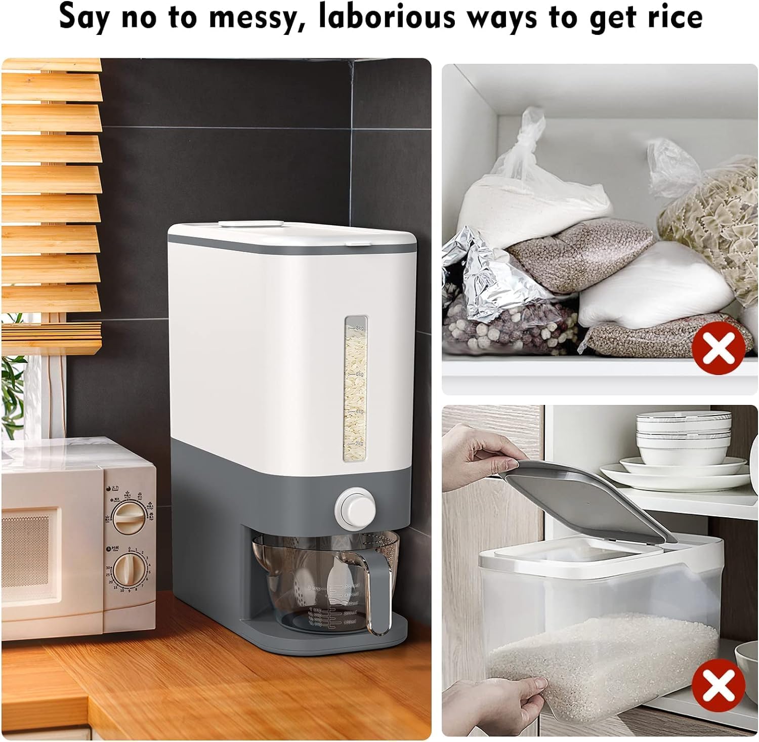 25Lbs Rice Dispenser Large Grain Container Storage with Lid Measuring Cylinder Moisture Proof Household Cereal Dispenser Bucket for Kitchen Soybean Corn Oatmeal & Dry food (Gray)