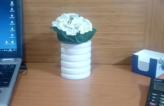 Vazo Dahil, Vazoda Çiçek, Beyaz Yapay Çiçek, Dekoratif Oval Çizgili Vazo 9x6x16cm
