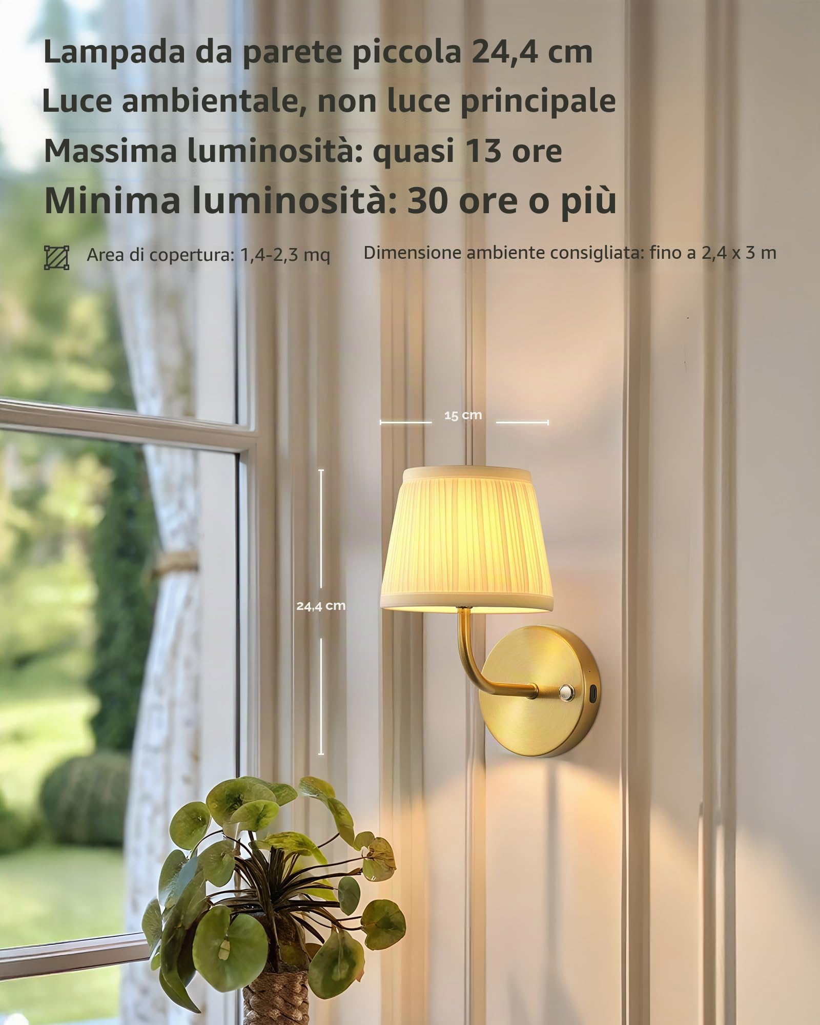 Set di 2 applique da parete ricaricabili, lampade da parete LED a intensità variabile, con interruttore touch e telecomando, batteria ricaricabile da 5200 mAh, con paralume in tessuto