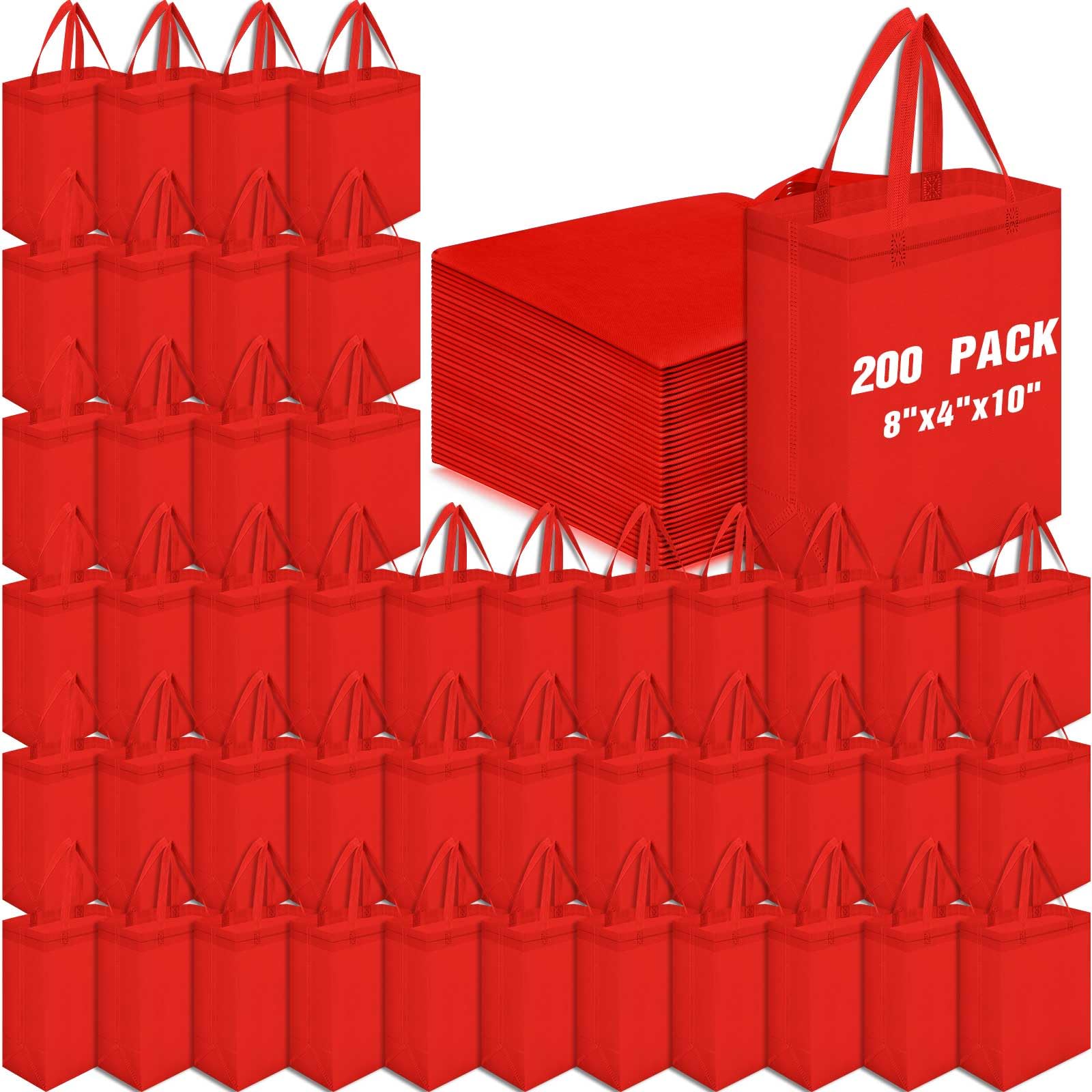 Windyun 200 Pcs Reusable Tote Bag Bulk 8 x 4 x 10 Inch Non Woven Shopping Bag with Handle Reusable Grocery Gift Tote (Red)