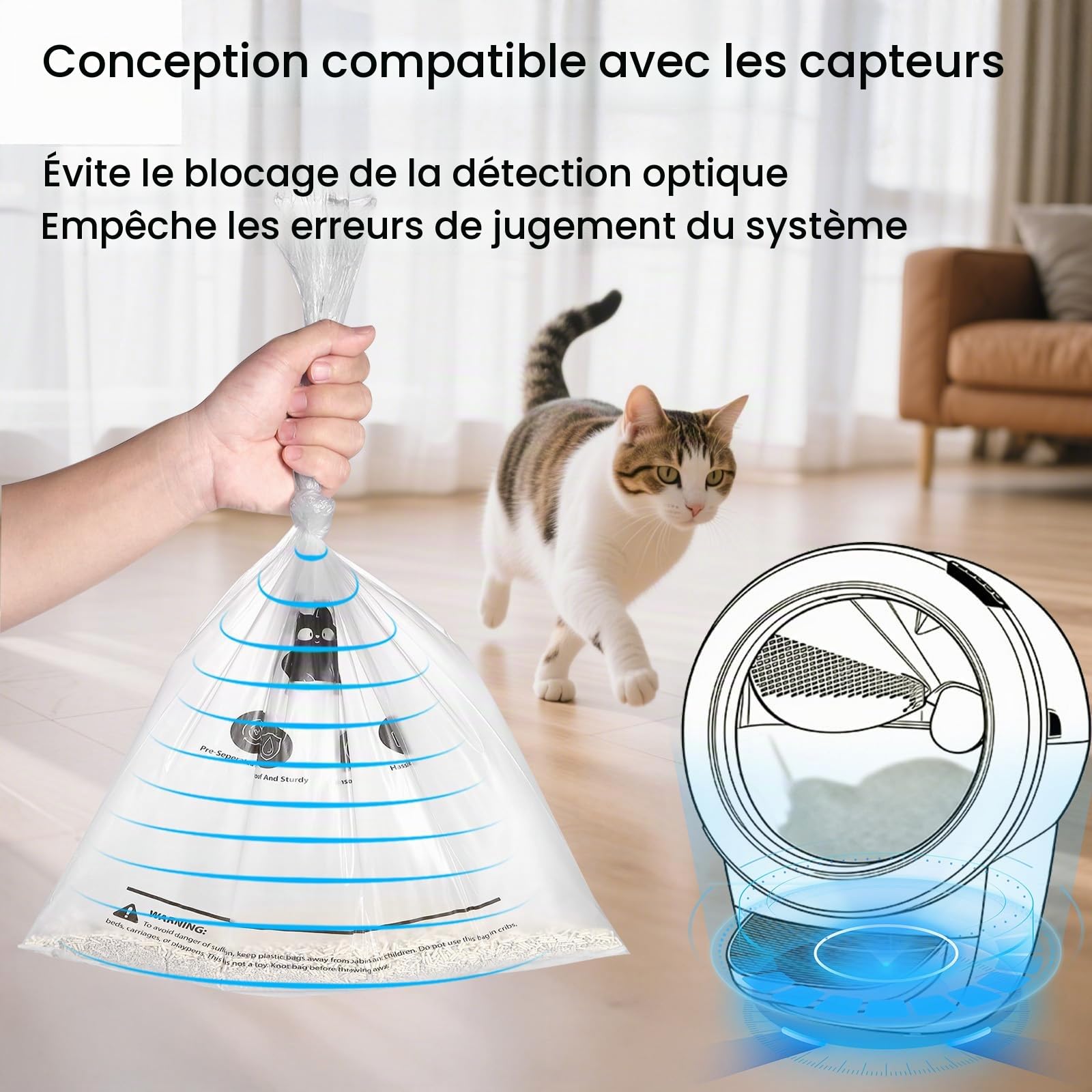 Lot de 90 sacs à litière pour chat, modèle robot, 5/4/3, résistants aux déchirures, transparents, compatibles avec les capteurs, pré-séparés, sacs à litière automatiques, capacité de 24,5 à 38 litres
