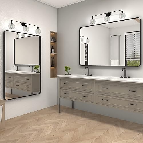 Miniatura 5 de CHARMOR Espejo enmarcado negro de 48 x 32 pulgadas para pared, espejo rectangular de baño negro mate, esquina redondeada, inastillable