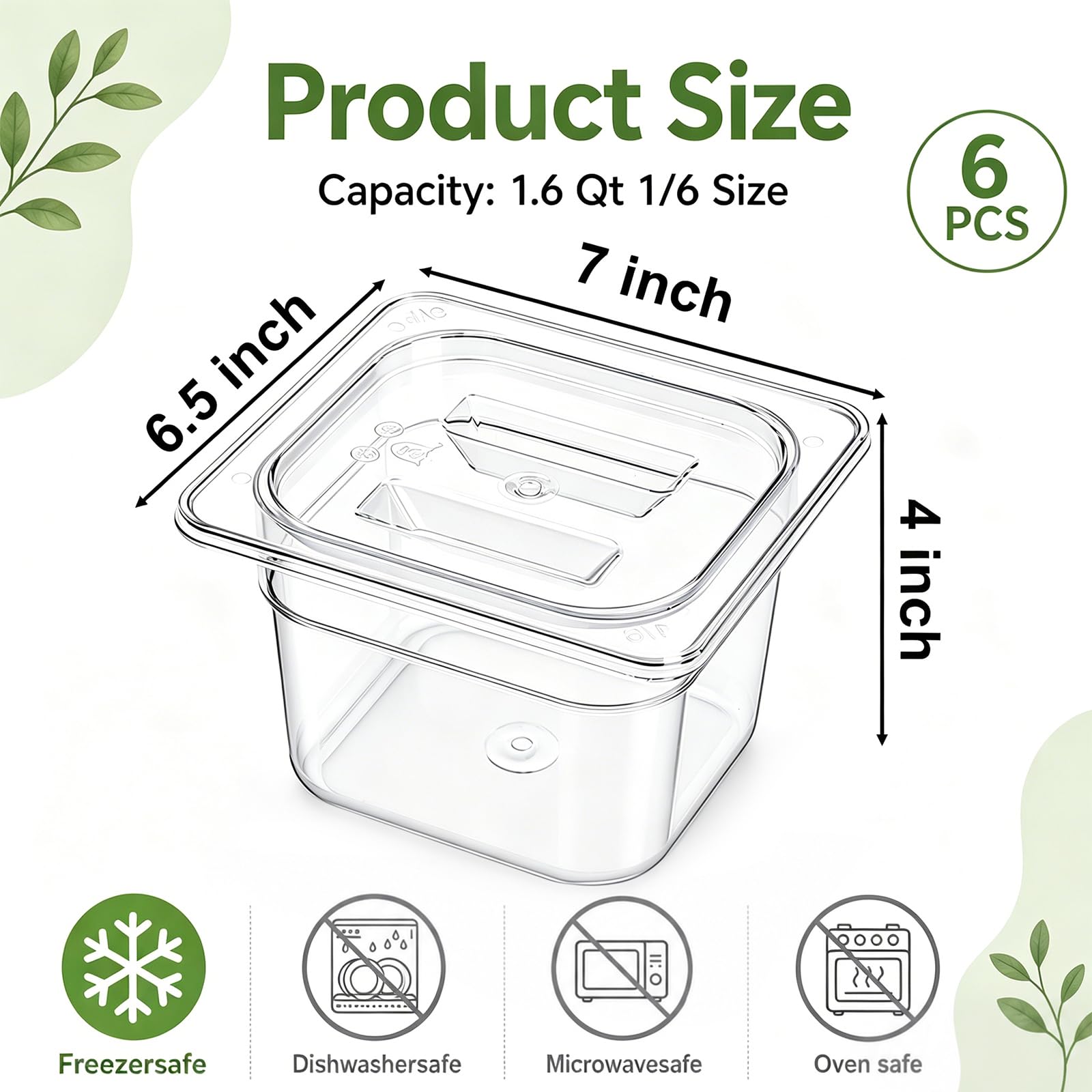 Bekith Confezione da 6 padelle Gastronorm da 1/6 con coperchio, contenitori per alimenti con coperchio, in plastica trasparente, contenitori per insalata, per cucina, ristorante, bar, 10 cm di