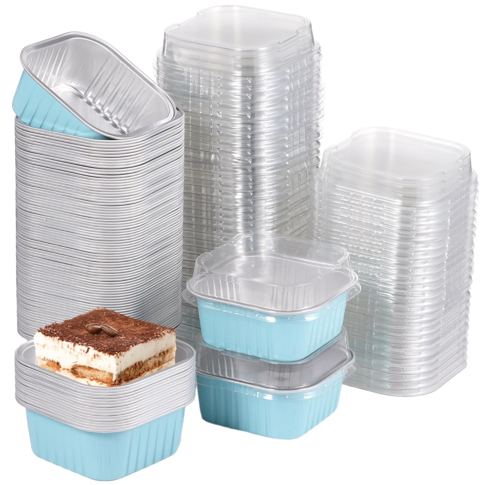 100 Stk Mini-Quadrat-Backförmchen aus Aluminiumfolie mit Deckel, Einweg-Ramekins und Cupcake-Formen, einzelne Dessertbehälter für Partys, Hochzeiten, Geburtstage, Blau