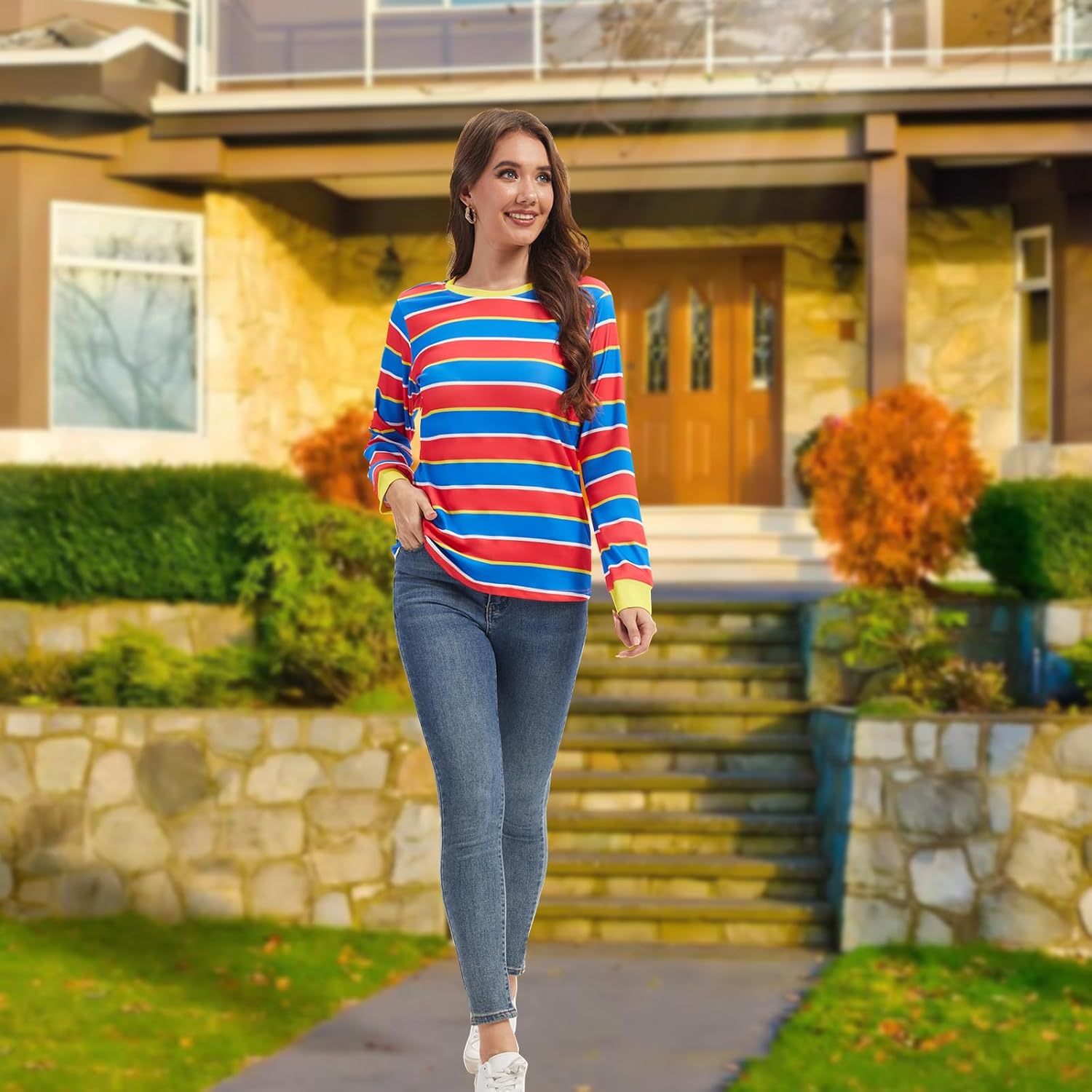 Adult Womens Long-Sleeved Striped T-Shirt Cartoon Character Costume for Halloween Cosplay Party - Image 5