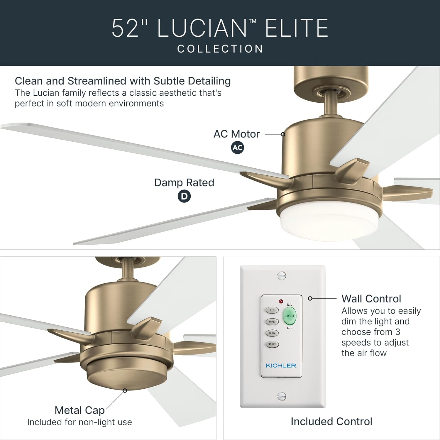 Kichler 52 Inch Lucian Elite 5 Blade Indoor Ceiling Fan in Champagne Bronze with Matte White Blades, (52 inch Dia x 14.25 H), 330000CPZ