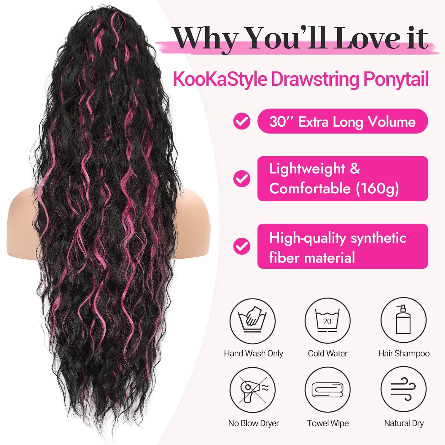 KooKaStyle Ponytail Extension 30 Inch Drawstring Pony Tails Hair Extensions for Women Long Curly Ponytail Synthetic Hairpieces for Daily Use（Black with Hot Pink Highlights）