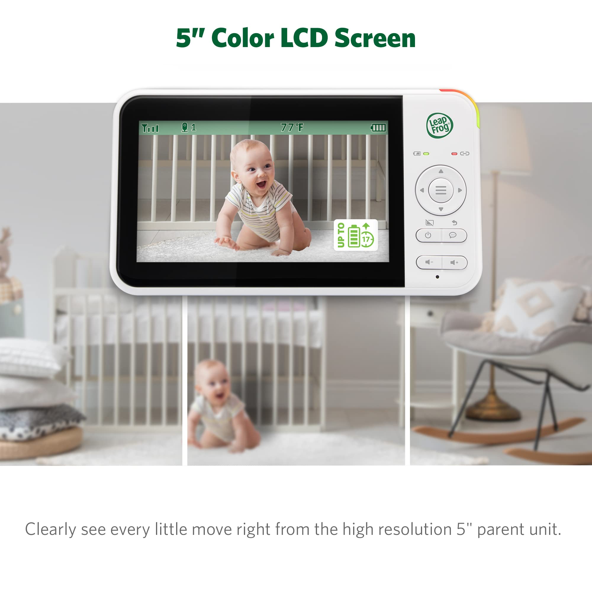 LeapFrog LF2415 Baby Monitor with 5 IPS LCD Screen, Up to 17-Hr Video Streaming, 1000ft Long Range, NightVision, Soothing Lullabies, NightLight, 2-Way Audio Talk, TemperatureSensor,SecureTransmission