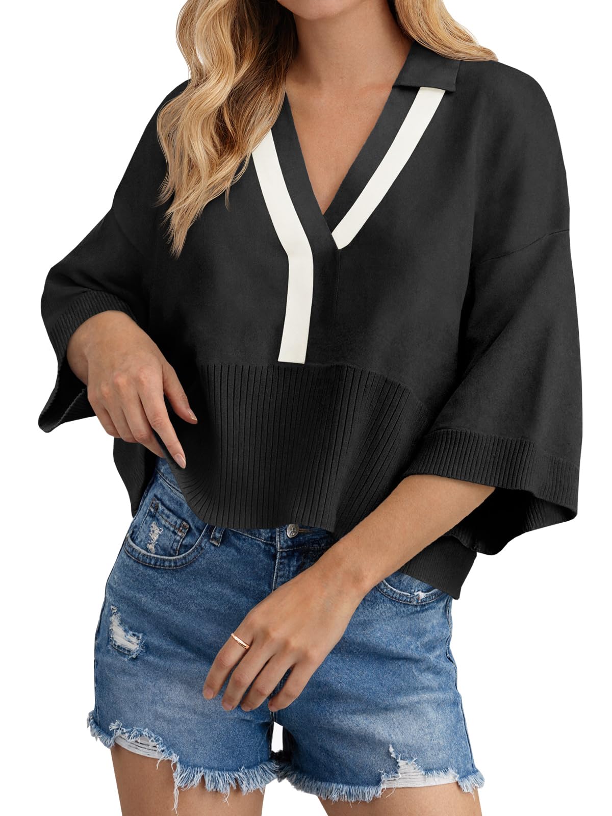 Saodimallsu Womens 3 4 Sleeve Sweater Tops V Neck Collared Oversized Color Block Casual Knit Polo Shirts