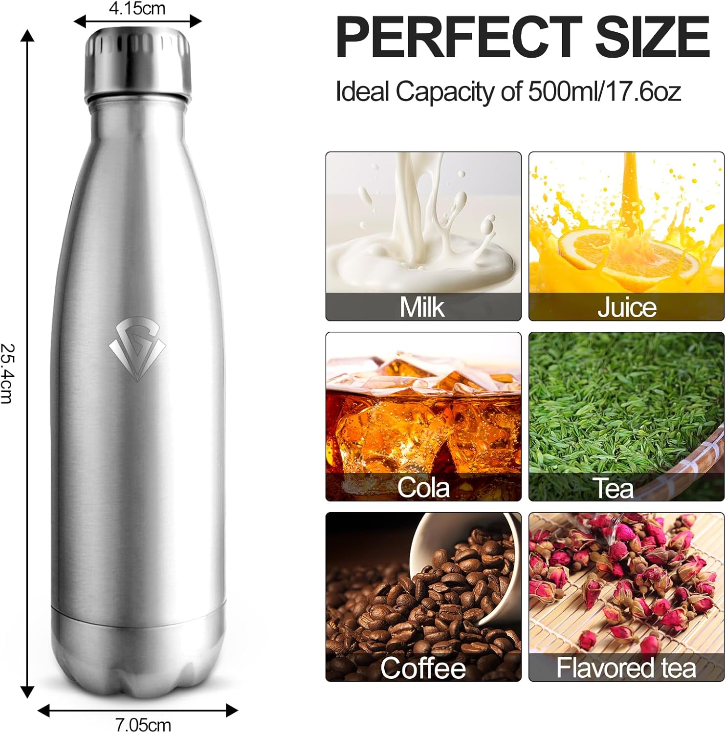 Grsta Thermos Flask, 500 ml Stainless Steel Drinking Bottle, BPA-Free, Children's Drinking Bottle, Cold 24 Hours & 12 Hours Warm, Leak-Proof, Double Walled, for School, Camping, Office, Sports, Travel