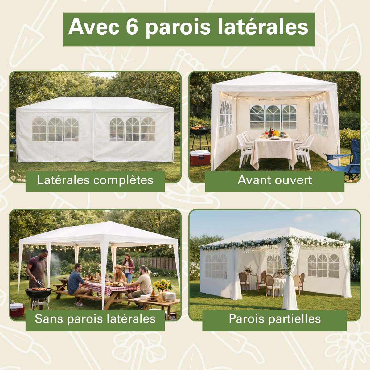 Kinzo Tonelle de Jardin 3x6 m - Tente pour 70 Personnes - Pavillon avec 6 Parois Latéraleset et Hauteur au Faîte de 2,5 m - Étanche et Résistante aux UV - Blanc