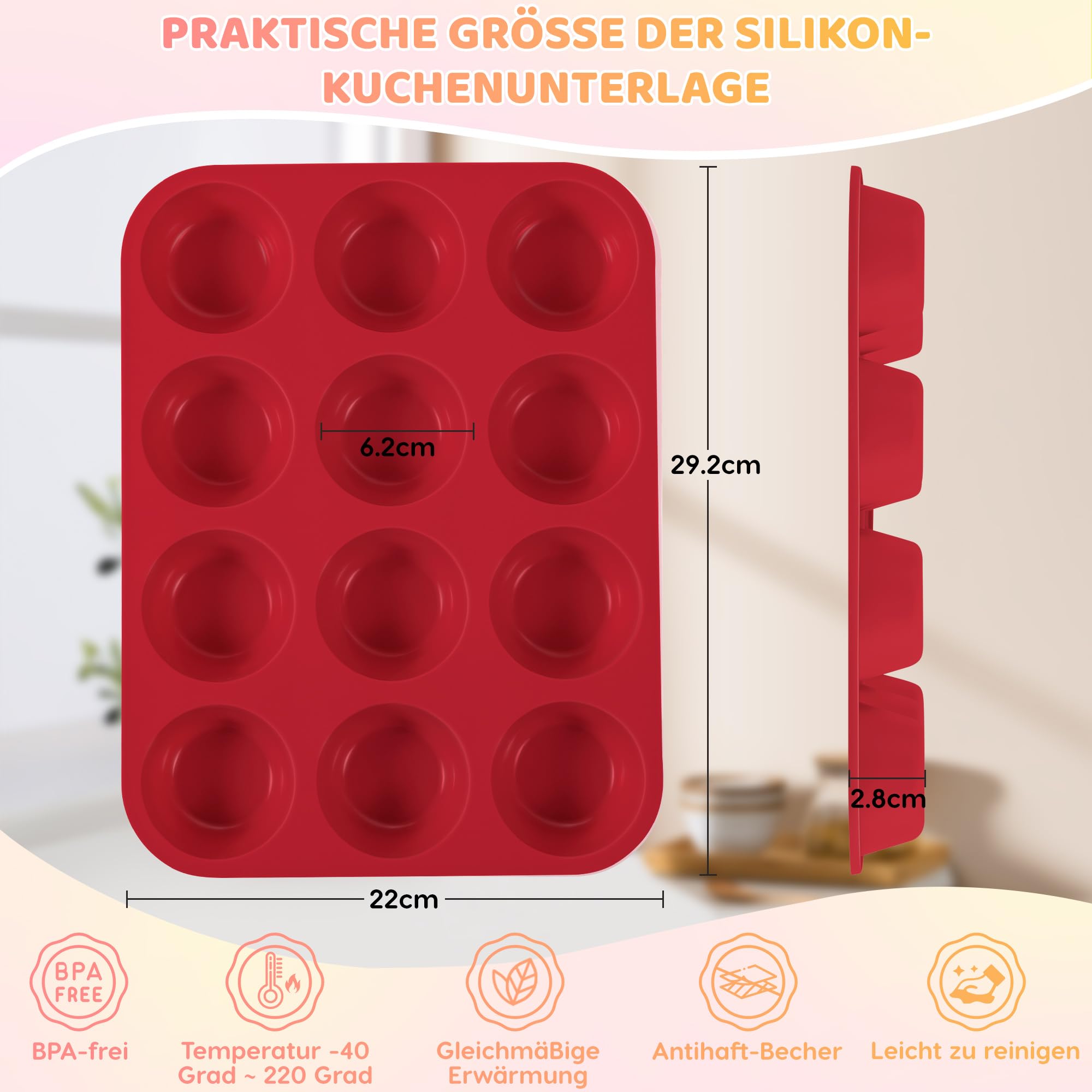 Stampo Per Mini Muffin In Silicone Rosso – 12 Tazze, Antiaderente, Resistente Al Forno E Microonde - 2