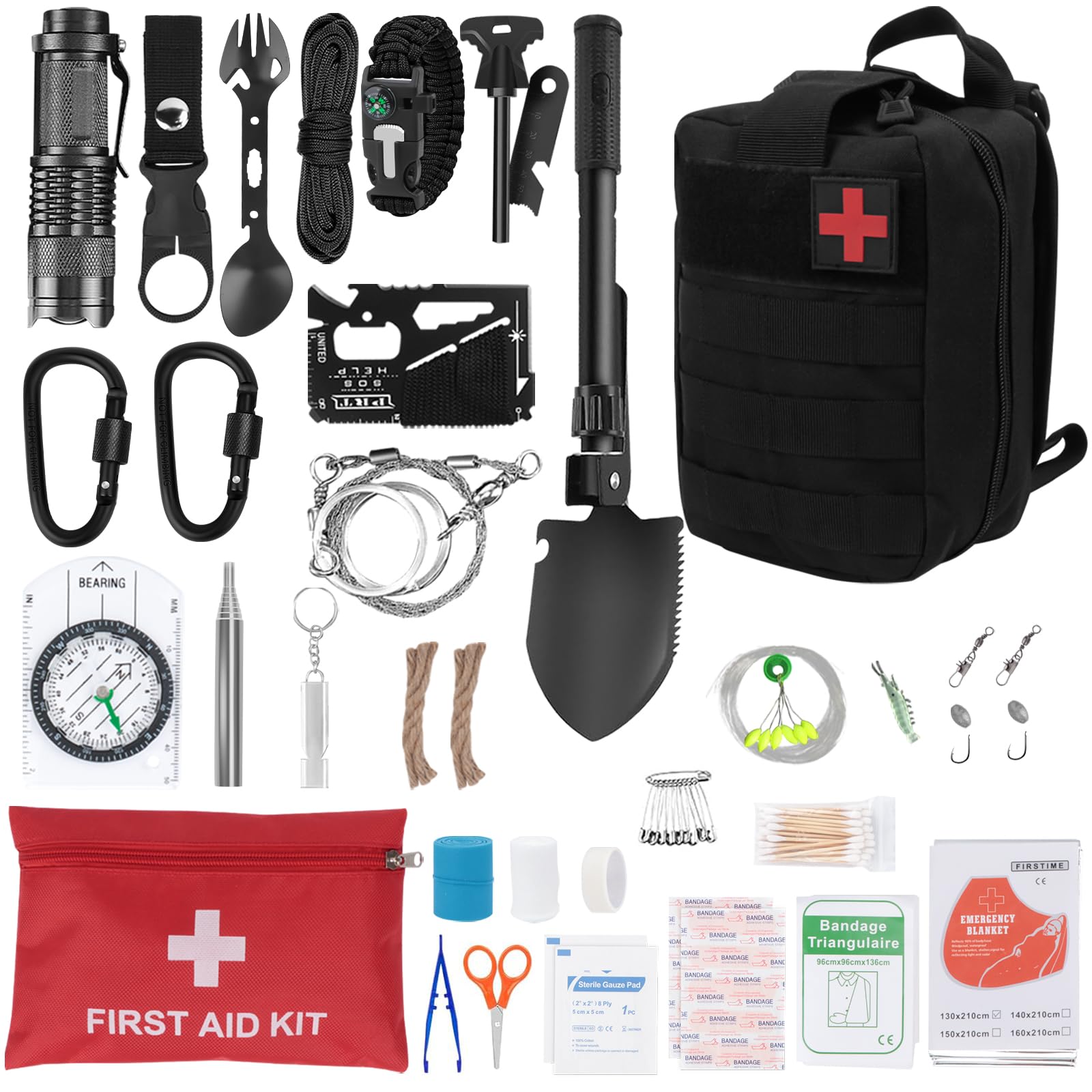 69 Piezas 30 en 1 Kit de Supervivencia con Botiquín de Primeros Auxilios, Manta de Emergencia y Brújula, Equipo de Supervivencia Profesional para Camping Senderismo Caza (69Pcs 29 in 1)