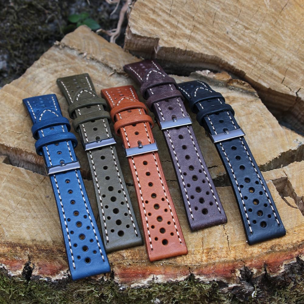 Cinturino orologio in vera pelle rally racing vintage verde blu nero marrone scuro marroncino da uomo 18 mm 19 mm 20 mm 21 mm 22 mm traforato