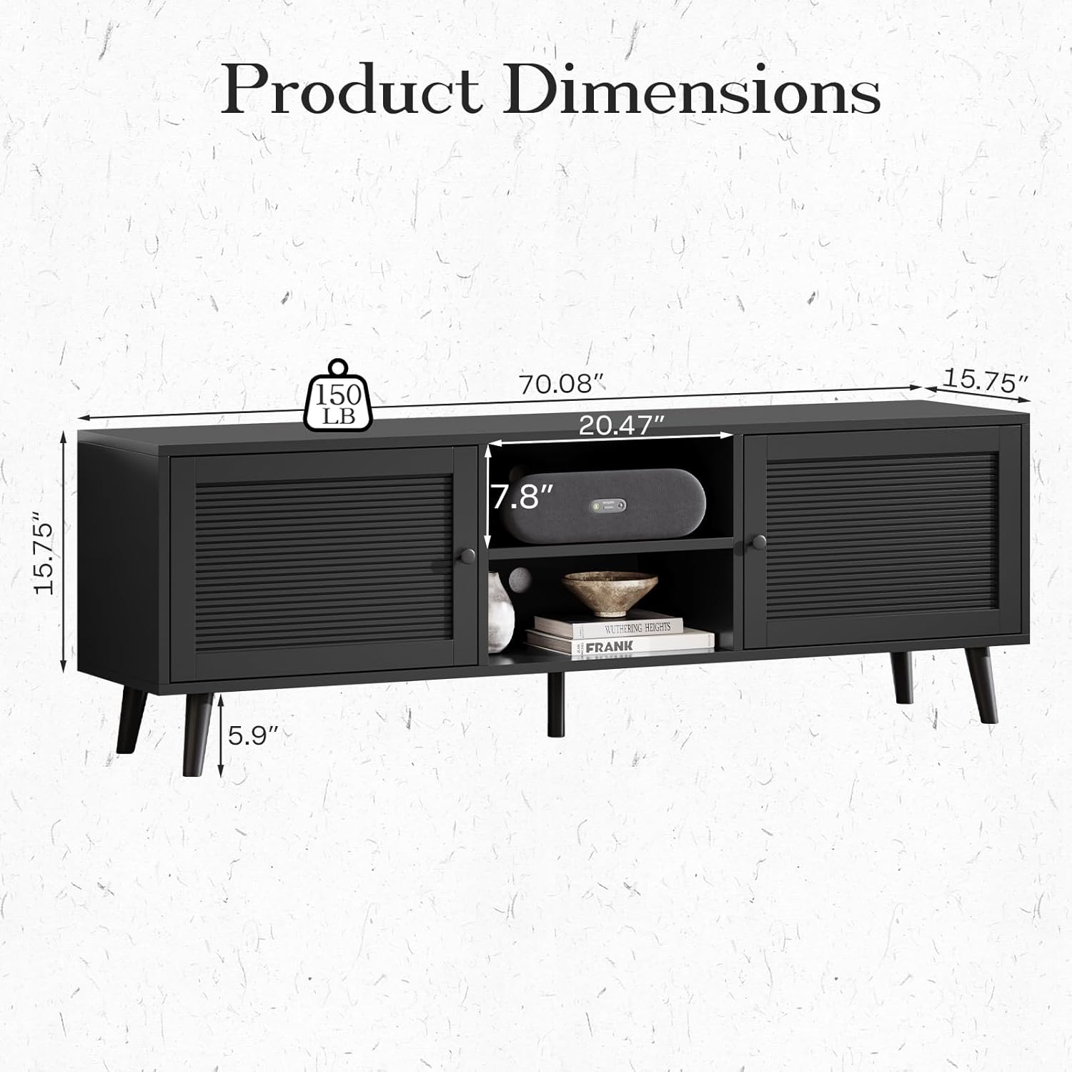 TV Stand for 70 inch TV, Black Fluted Entertainment Center for TV up to 80", TV Stand for Living Room with Large Open Storage