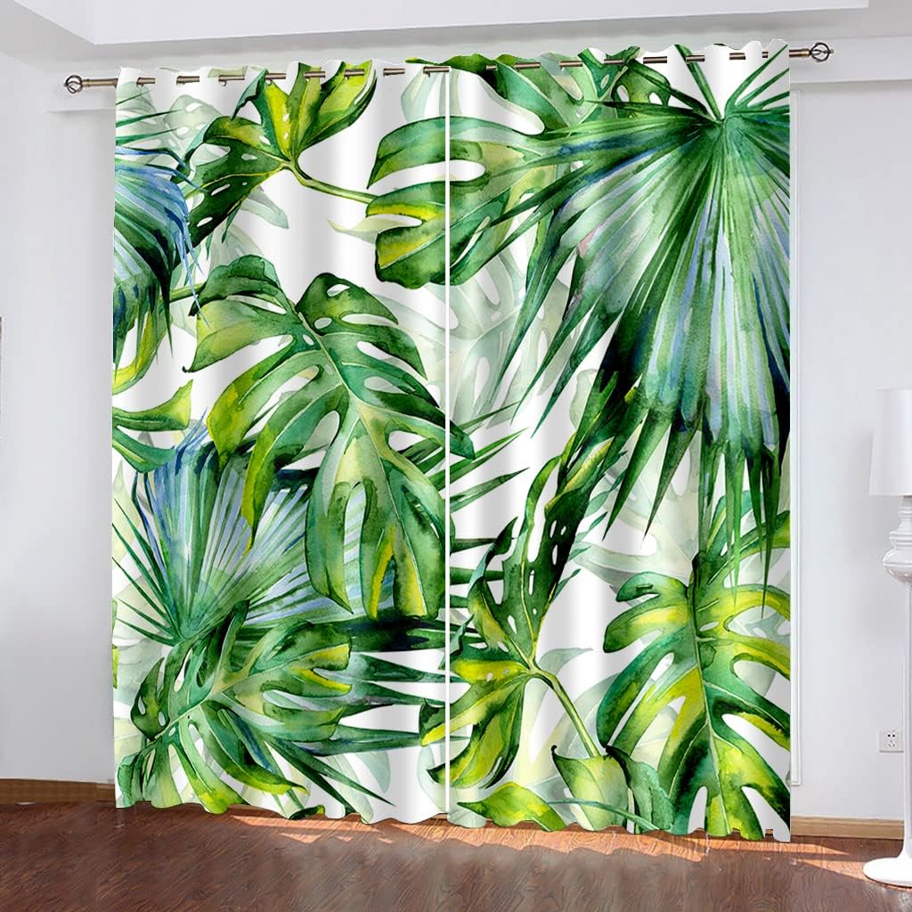 YELDAN Monstera Curtains, Palm Leaf Blackout Curtains for Bedroom & Living Room, Thermal Insulated Grommet Drapes, Decorative Patterned Window Treatments, 63 Inch Length 2 Panels
