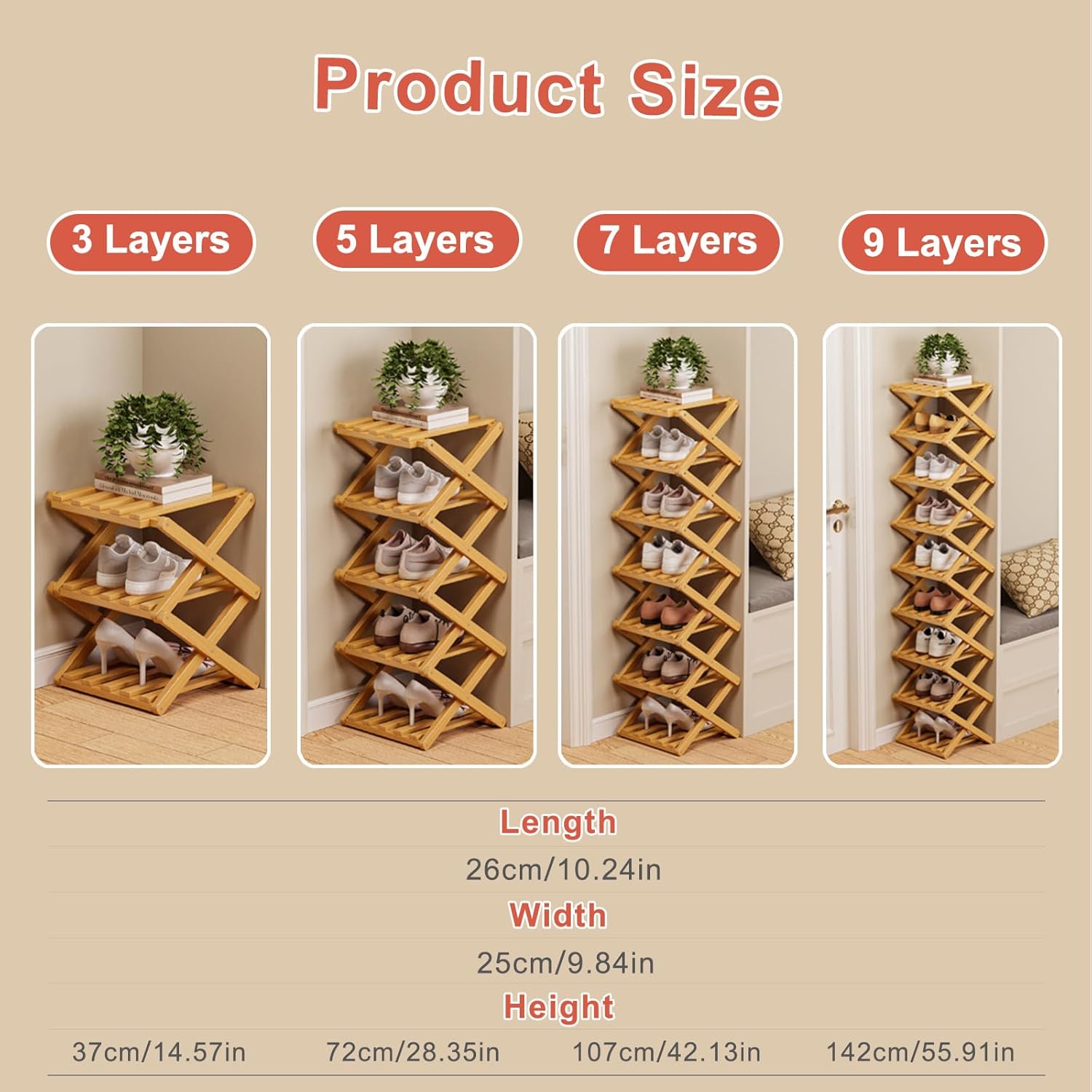 JDIV Foldable Bamboo Shoe Rack, Vertical Narrow Shoe Organizer, No Assembly Required, Space-Saving (B,5 Layers)