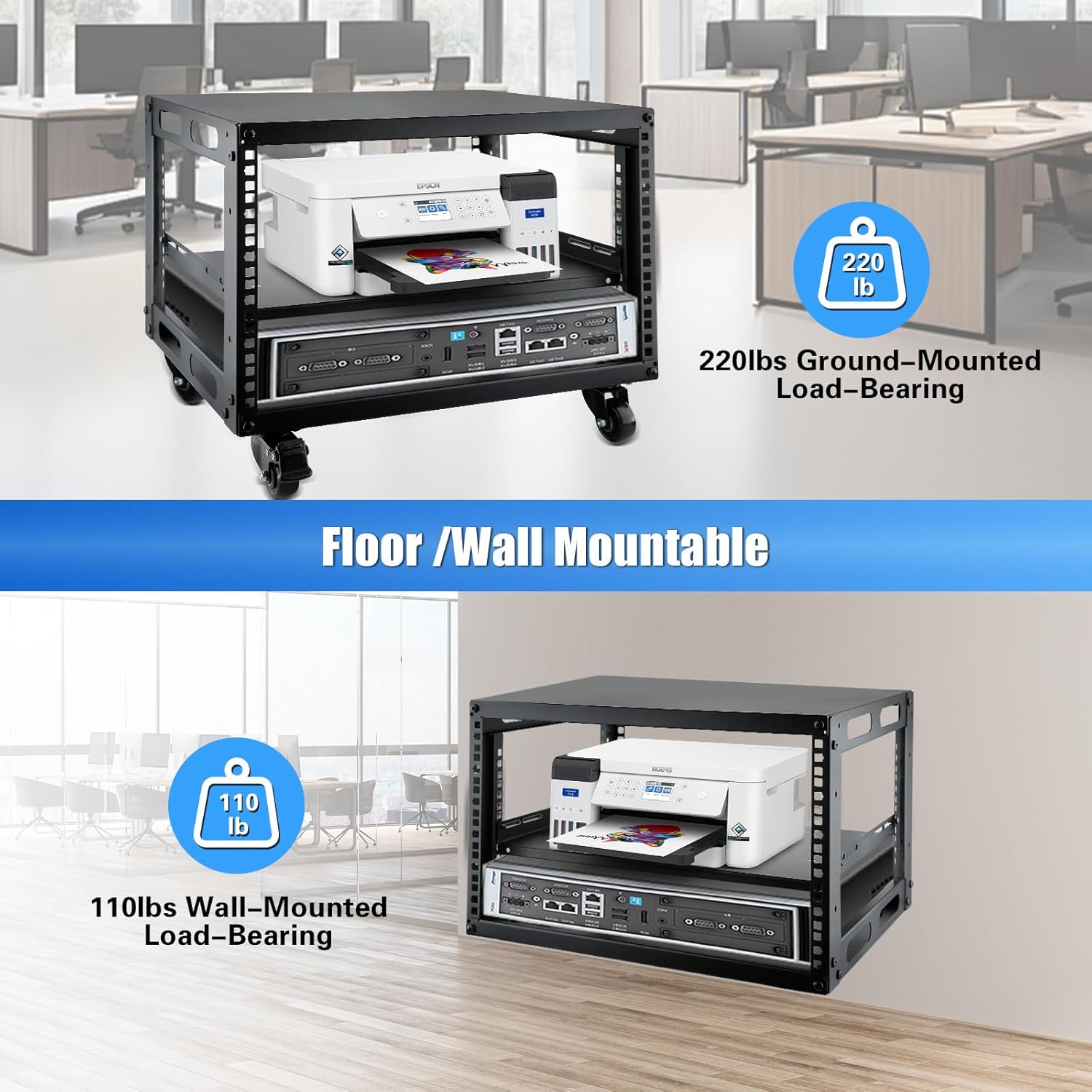 6U Open Frame Server Rack with Wheels Free Standing Network Server Rack for Servers & AV Gear Black