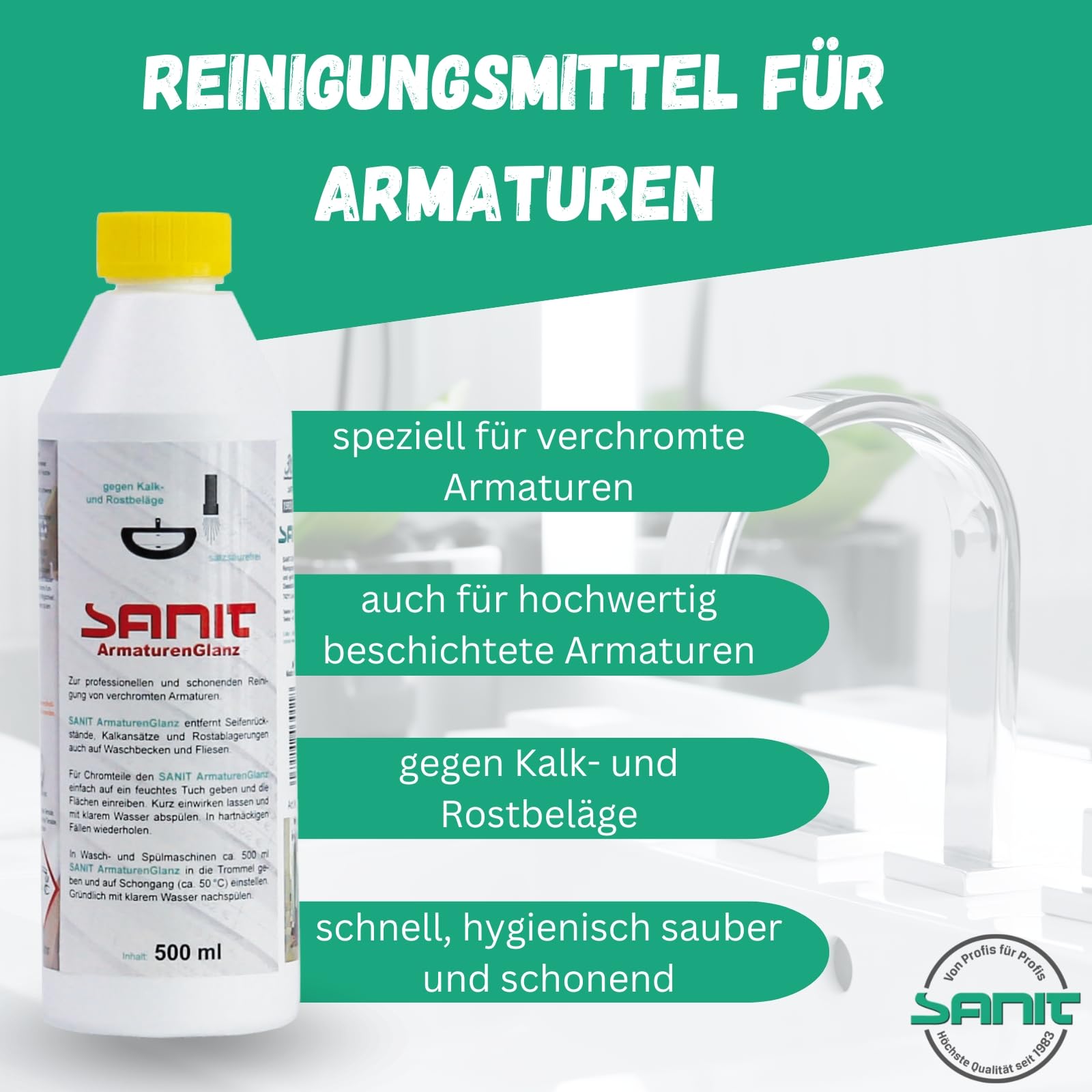 DEWEPRO-Set: SANIT ArmaturenGlanz (3011) - 6 Flaschen à 500ml - zur professionellen und schonenden Reinigung von verchromten Armaturen, inkl. 1 St. DEWEPRO® Single Scrubs