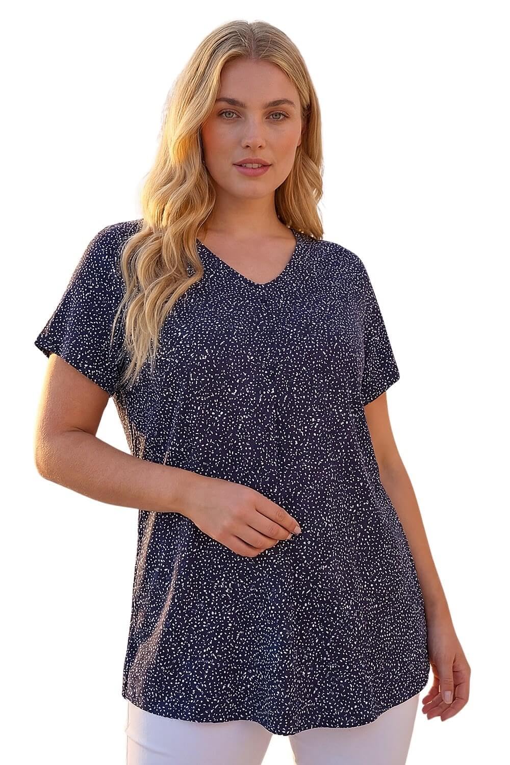 Roman Women's Curve Ditsy Spot Print V-Neck Stretch Top in Navy | Size: 18
