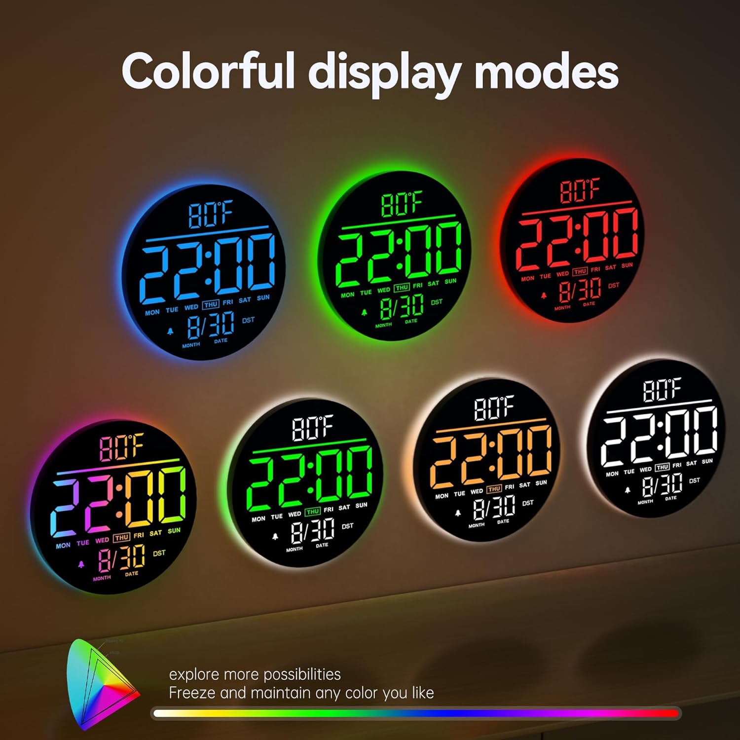 JALL 10" Large Digital Wall Clock with Seconds, Alarm Countdown Timer, Big LED Display, RGB Color, DST, Temperature, Mounted for Bedroom Living Room Office Classroom Gym, Xmas Birthday Gift, White