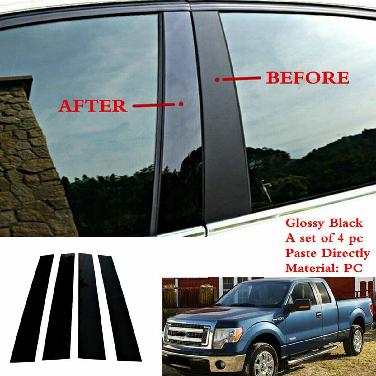 Black Extended Pillar Post Door Trim Covers for Ford F150 F-150 2004-2014