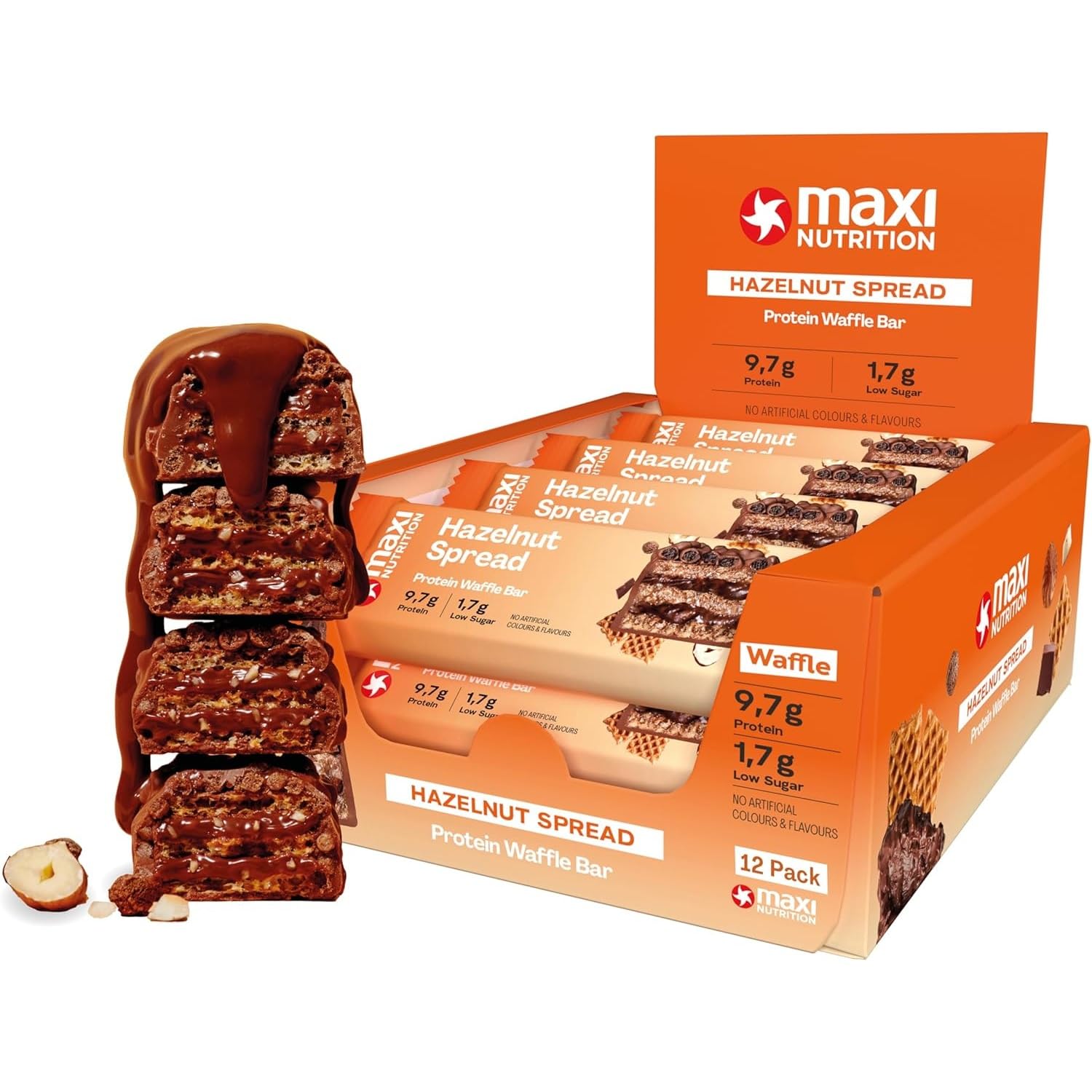 MaxiNutrition Hazelnut Spread - Gofre de proteínas, 25% de proteínas, 202 kcal, (12 barras de proteínas x 39 g), sin azúcar añadido (Crema de avellana)
