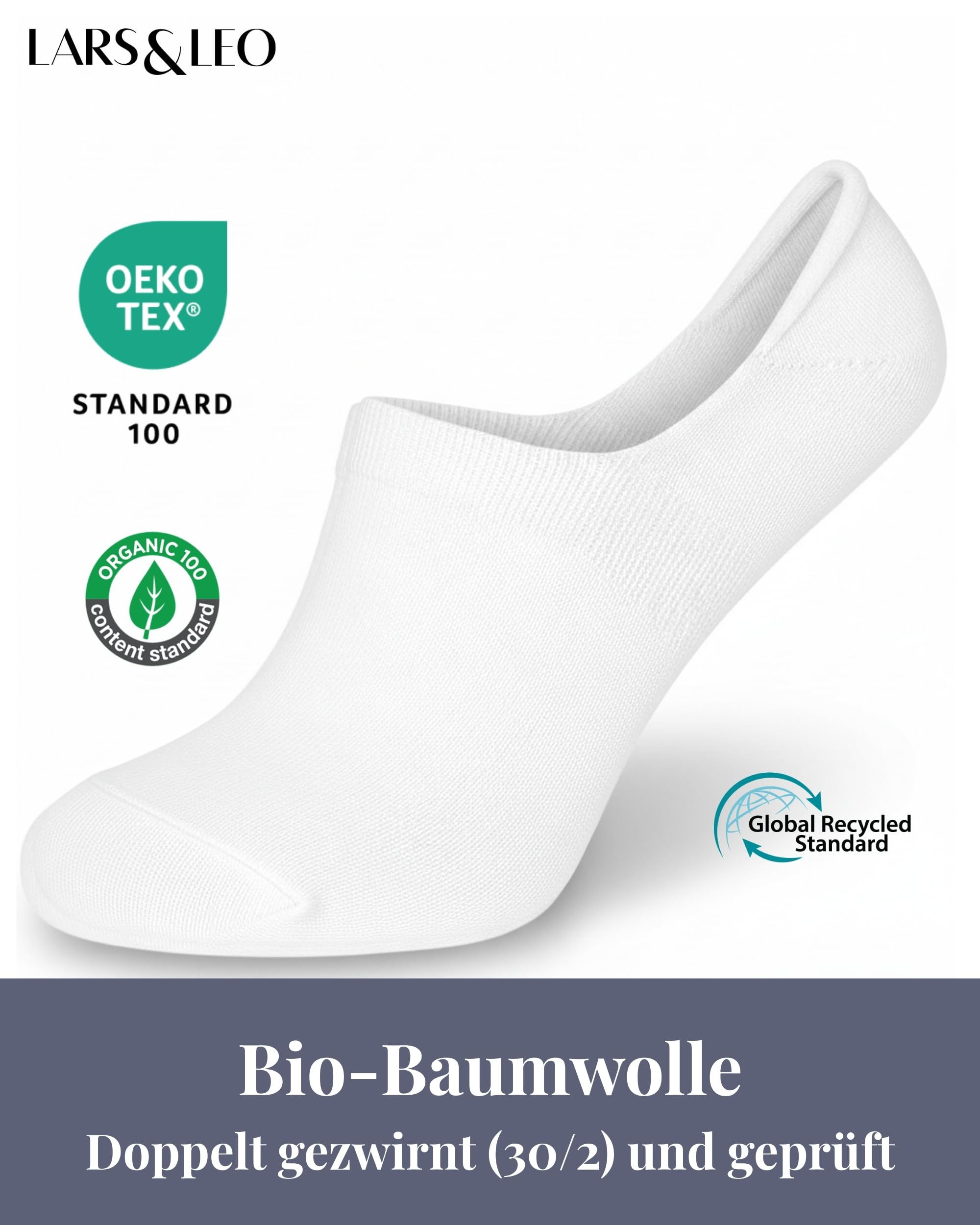 Lars&Leo Füßlinge für Damen/Herren, No-Show Socken aus Bio-Baumwolle mit rutschfestem Silikonpad