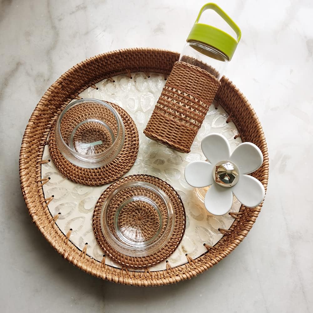 13 Inch Handmade Round Woven Basket Tray with Beige MOP Flat Bottom, Boho Rattan Serving Basket with 2 Inch Wall, Decorative Wicker Coffee Table Serving Tray Circle for Ottoman, Accent, Exxacttorch