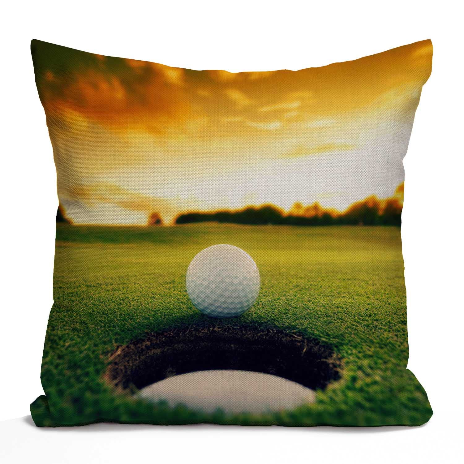 Tomda Golf Course Cushion Cover Golf Ball Near Hole Decorative Pillow Case Cotton Linen Throw Pillow Cover Decor 45x45cm 18x18 Inch Pillowcase for Home