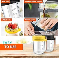 Vista 4 de Contenedor de avena durante la noche, conservas de vidrio de avena con tapas y cuchara, cereales de 10 onzas, leche, ensalada de frutas, con marcas