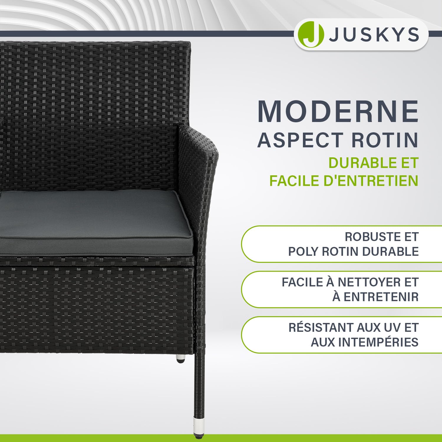 Juskys Banquette de Jardin en polyrotin Monaco - Banc 2 Places avec Table & Coussins - 133 × 63 × 84 cm - rotin résistant aux intempéries, pour Jardins et balcons - Noir