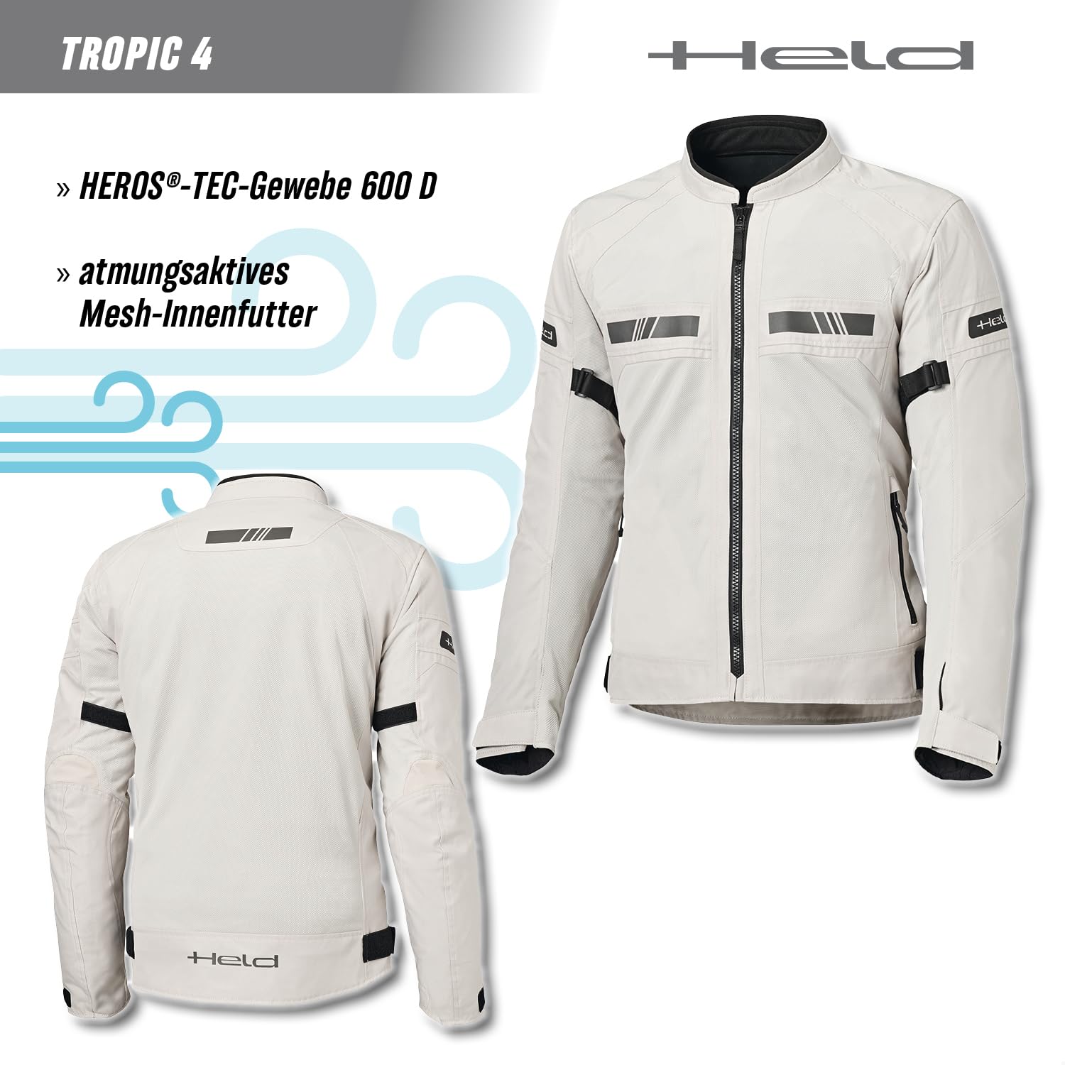 Held Tropic 4 Top Sommer Motorrad Jacke Herren - Sportliche und Luftige Mesh Sommerjacke - Leichte Motorradjacke mit Protektoren D3o Ghost Level 1 - CE Schutzklasse A, Grau, Größe XL | CE-Protektoren