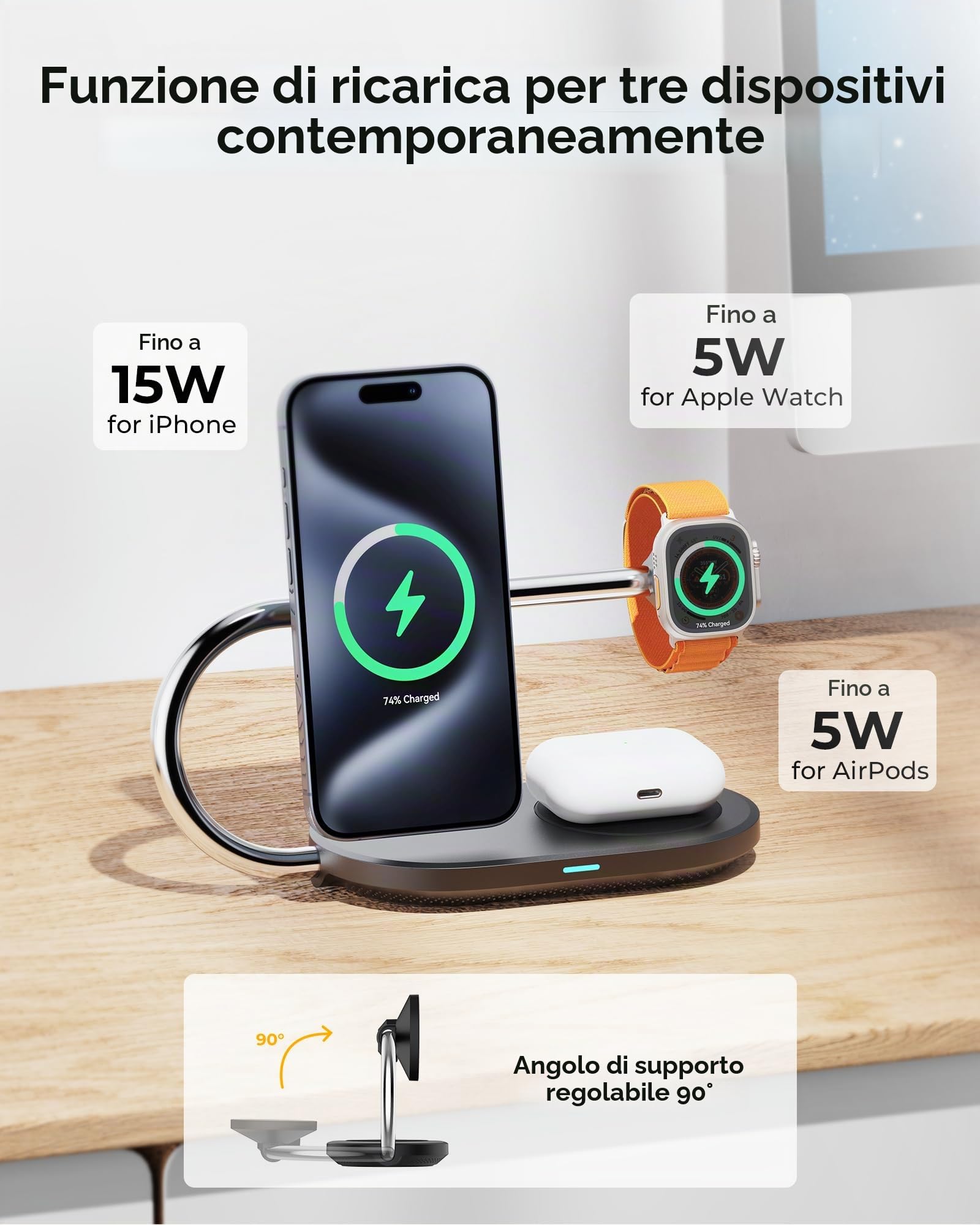 VOLTME 3 in 1 Stazione di ricarica wireless magnetica USB-C a ricarica rapida, stazione di ricarica multifunzione compatibile con induzione, caricabatterie rapido per iwatch ultra, airpods e iphone 16