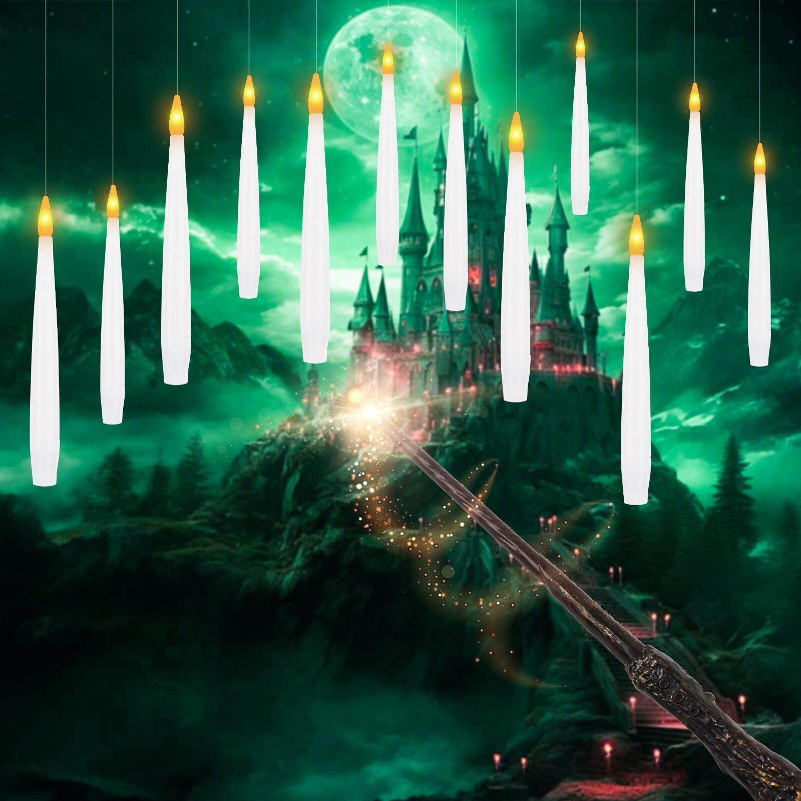 kisidus 12 Stück Schwebende Kerzen mit Zauberstab und Timer, Flammenlose Schwimmende LED Kerzen, Batteriebetriebene Kerze, Floating Candles Fensterkerzen für Weihnachten Halloween Dekoration