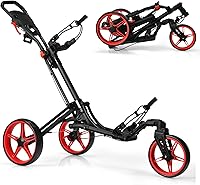 Vista 10 de GYMAX Carrito de golf plegable con rueda delantera giratoria, carrito de golf ajustable de 3 ruedas, carrito de golf compacto fácil de plegar